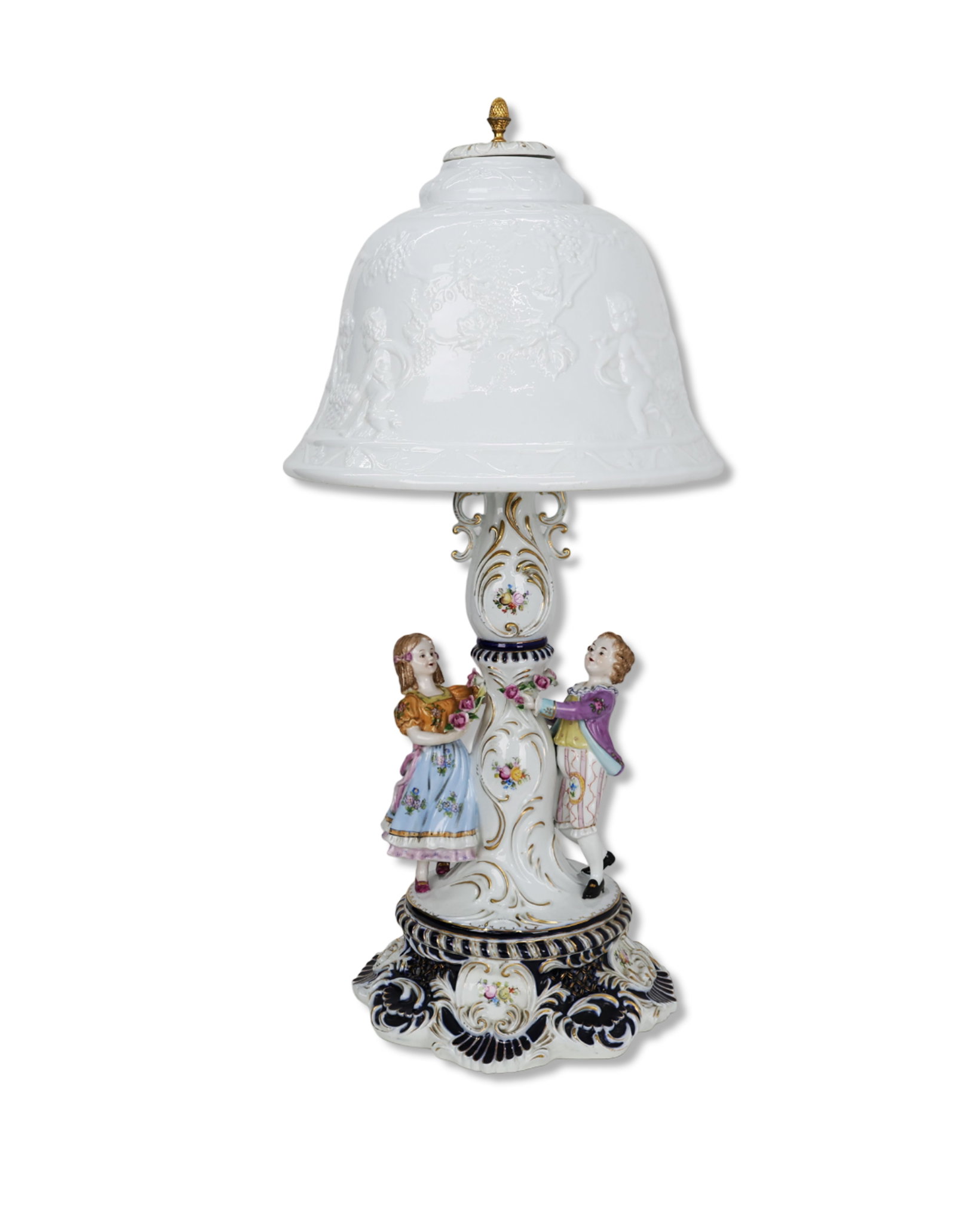 Porcelain Figural Table Lamp Children Harvesting Grapes & White Relief Shade (1 of 6)