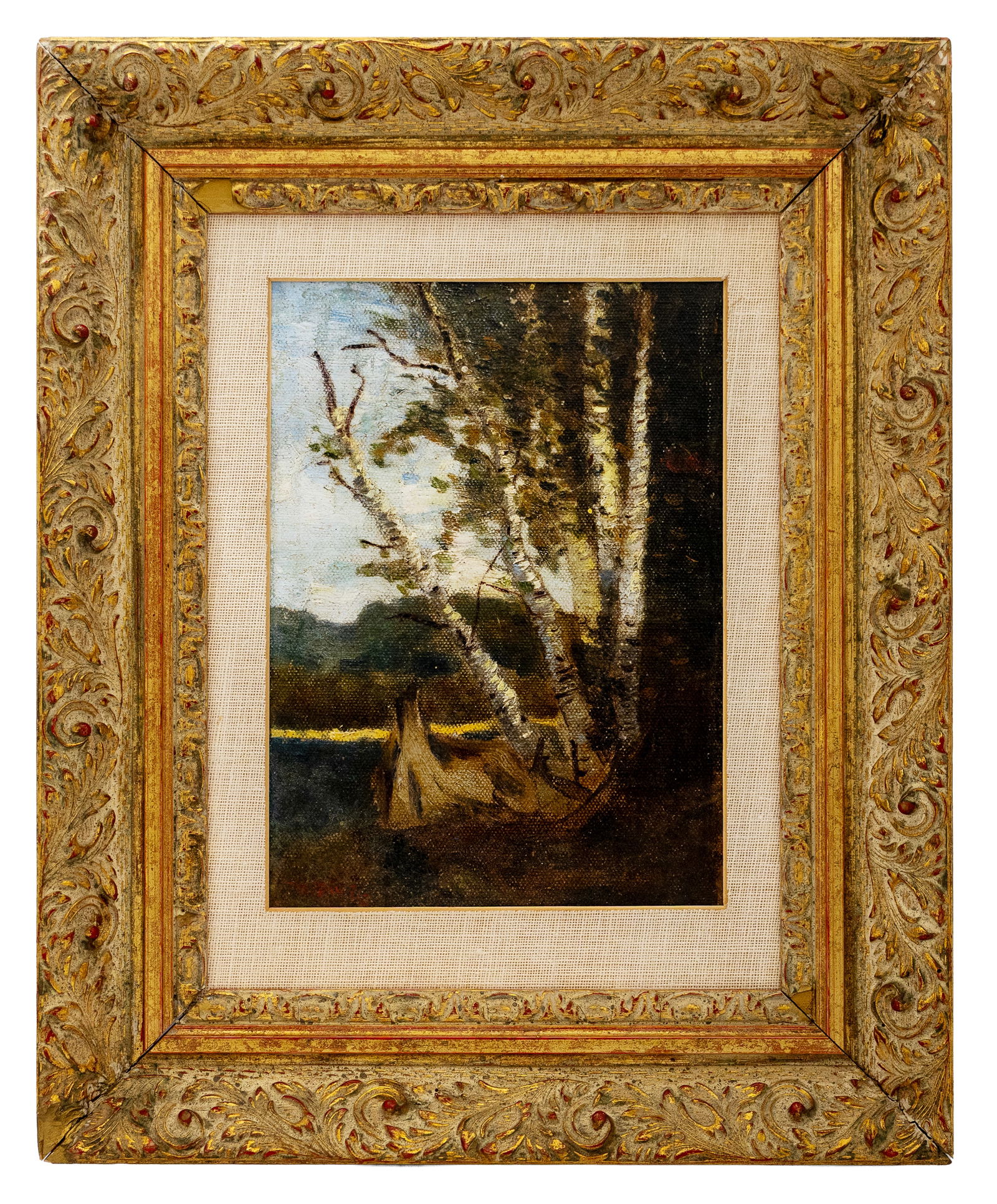 Attr to Narcisse Virgilio Díaz de la Pena, Forest Landscape with Birches, Oil on Board: Artist, Year, Title: Attr to Narcisse Virgilio Díaz de la Peña (French), Forest Landscape with Birches Medium: Oil on board Dimensions: 10 in x 8.5 in framed
