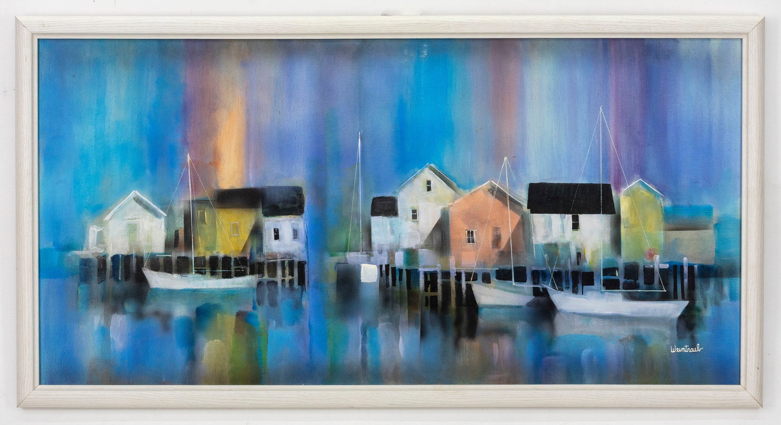 Herbert Weintraub (American, 1934-2019), Harbor Scene, Oil on Canvas Painting: Artist, Year, Title: Herbert Weintraub (American, 1934?2019), Harbor Scene Origin: United States Medium: Oil on Canvas Dimensions: 38" x 20" with frame; 36" x 18