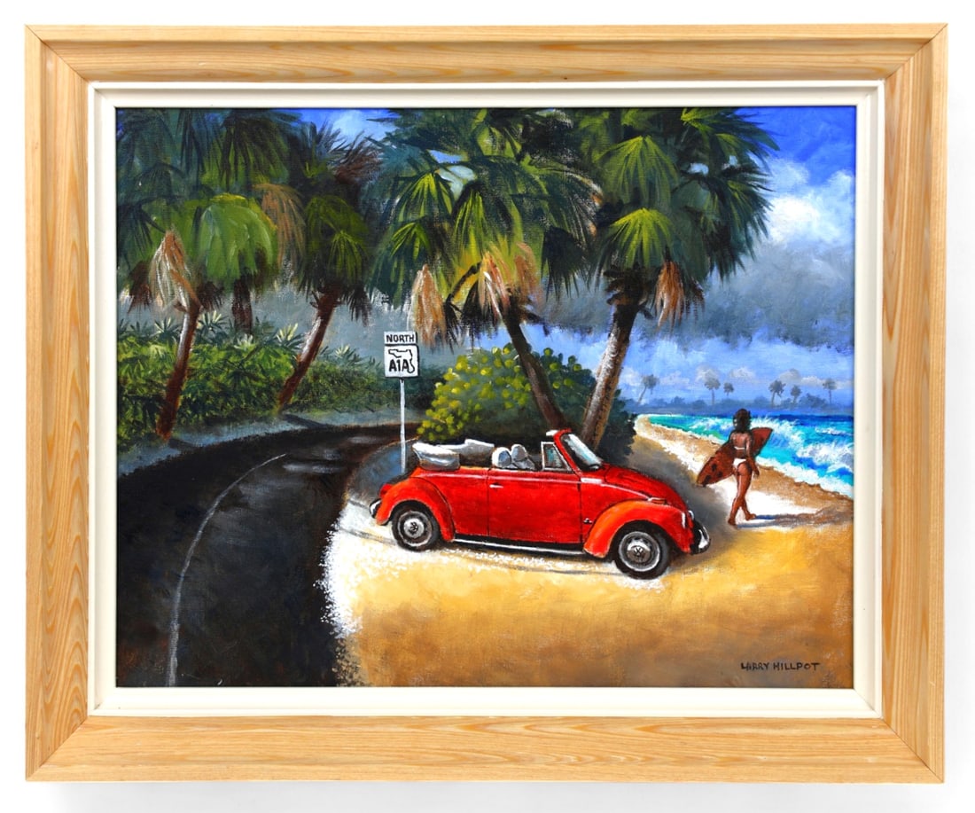 Larry Hillpot Florida Landscape Acrylic on Board Painting: Artist, Year, Title: Larry Hillpot, Red Beetle on the Beach Origin: Melbourne, Florida Dimensions: With frame: 19" x 23" | Without frame: 16" x 20" Medium: Acryl