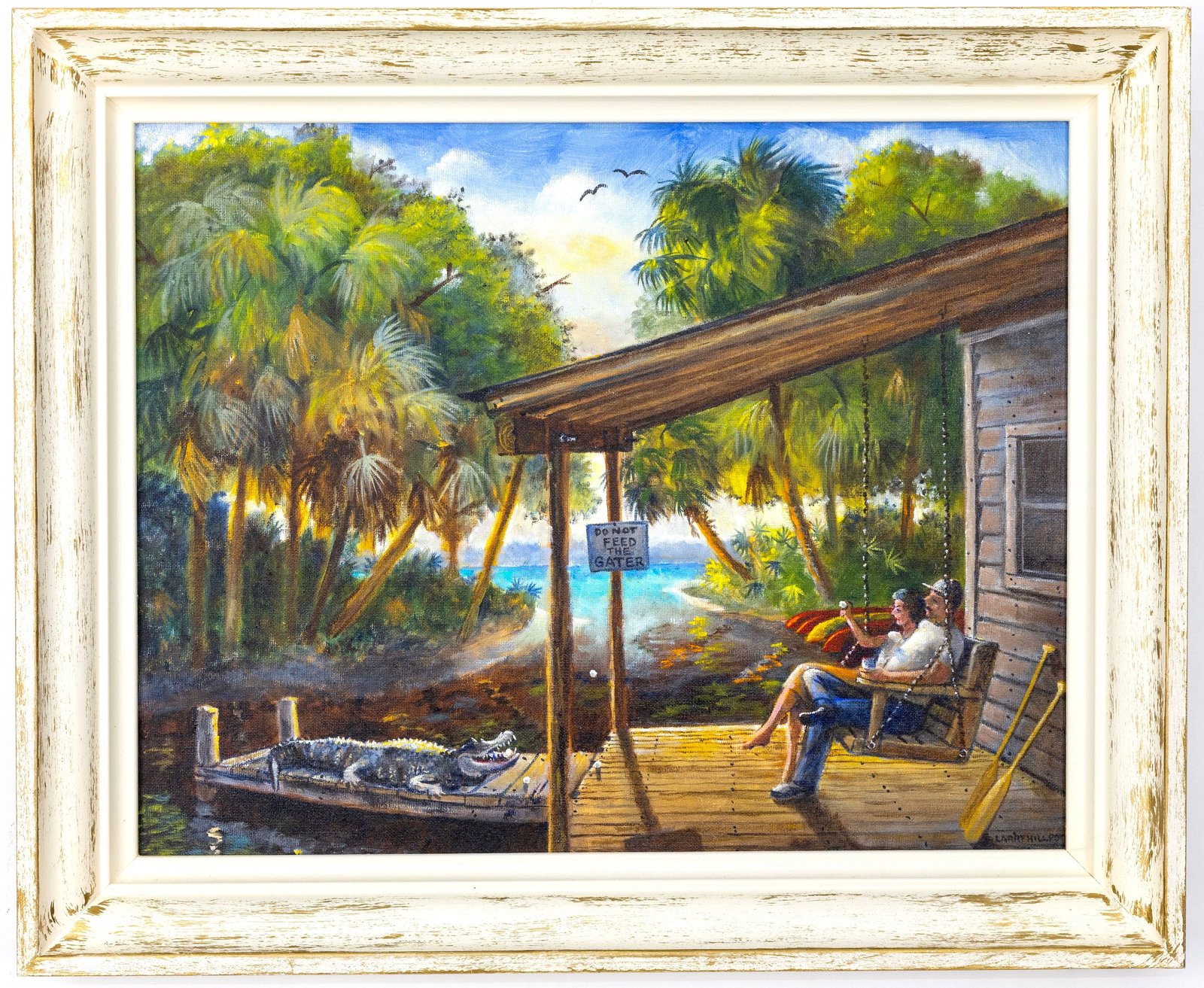 Larry Hillpot Florida Landscape Acrylic on Board Painting: Artist, Year, Title: Larry Hillpot, Do Not Feed the Gater Origin: Melbourne, Florida, Contemporary Dimensions: With frame: 19" x 23" | Without frame: 16" x 20" Medium: