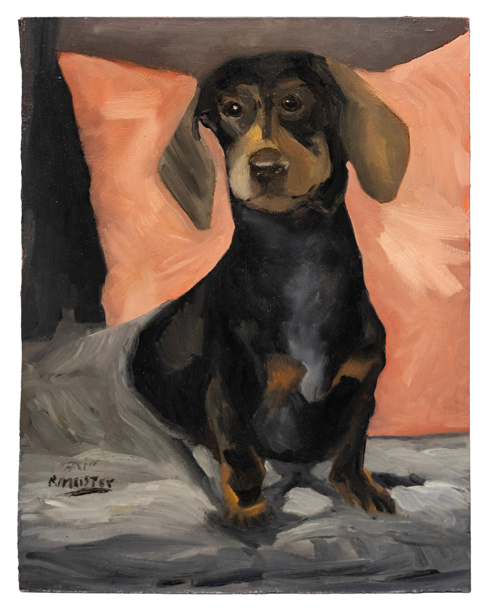 Signed R. Meister "Dackel Portrait 1939" (Daschhound Portrait) Oil on Wood (1 of 4)
