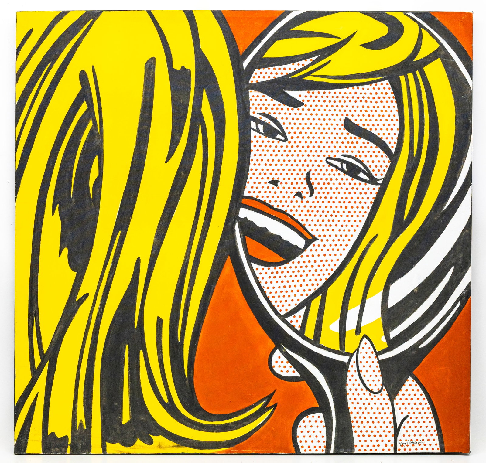 Attr Roy Lichtenstein, Girl in Mirror, Oil on Canvas Painting: Artist, Year, Title: Attr Roy Lichtenstein, Girl in Mirror Medium: Acrylic on canvas, unframed (gallery-wrapped) Dimensions: 50" x 50" Provenance: Private collec