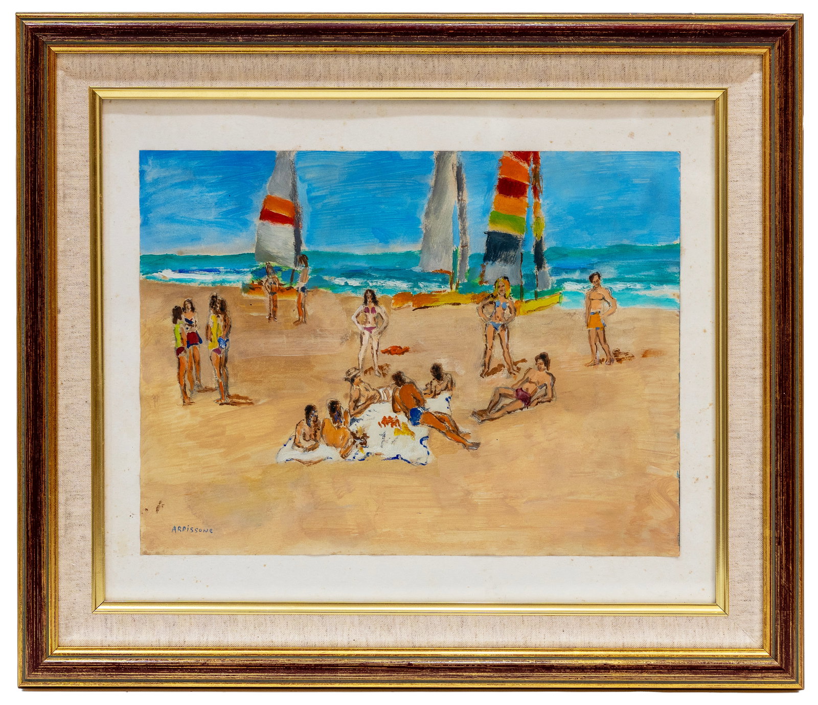 Yolande Ardissone (French, 1927-2024) Oil on Paper Painting: Artist, Year, Title: Yolande Ardissone (French, 1927–2024), Beach Scene with Sailboats Medium: Oil on Paper Dimensions: 22.5" x 19.5" with frame; 16" x 12" without frame.