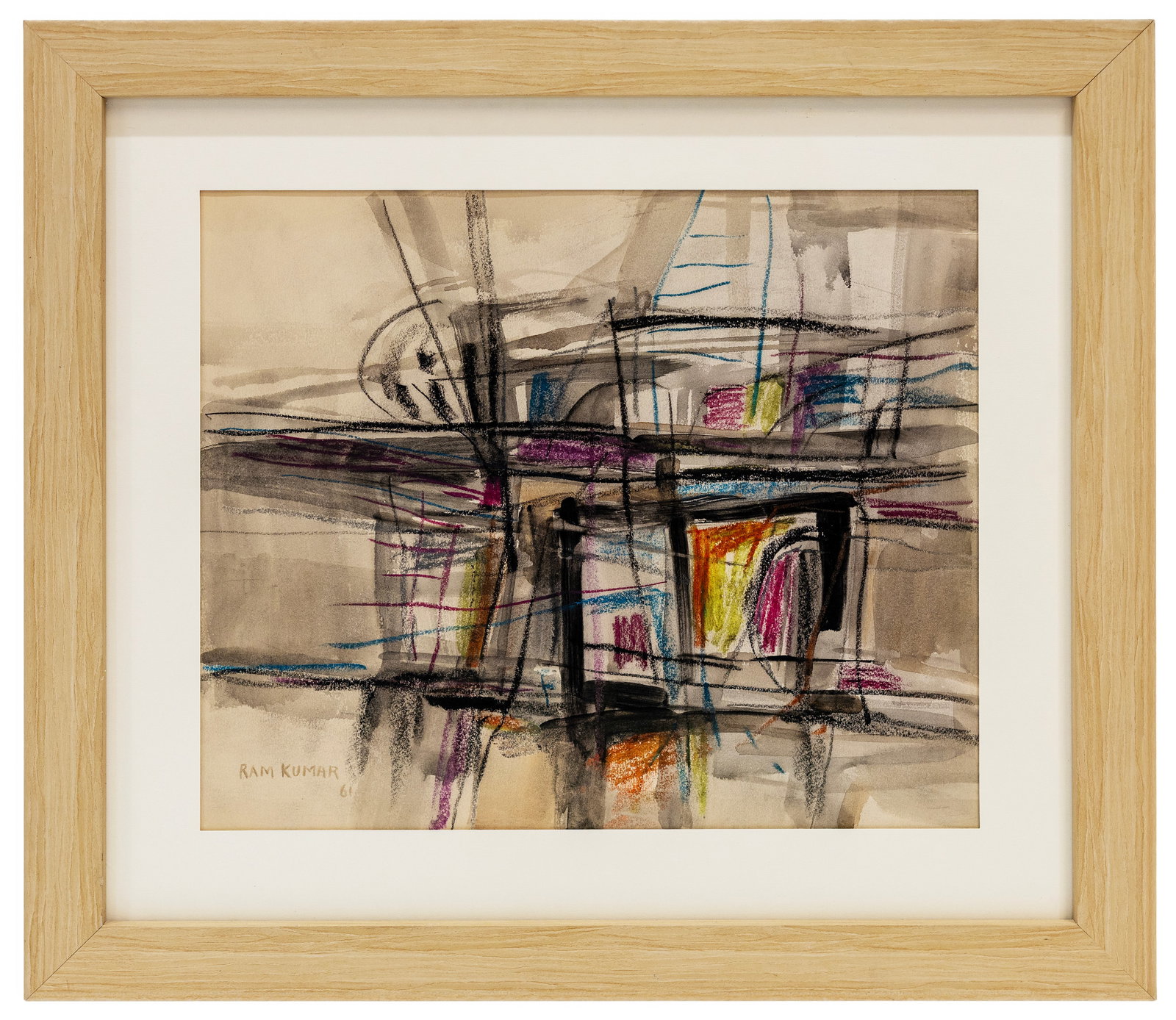 Ram Kumar (Indian, 1924-2018) Mixed Media on Card: Artist, Year, Title: Ram Kumar (Indian, 1924–2018) Abstract Composition Medium: Mixed Media on Card Dimensions: 21" x 23" with frame; 18" x 20.5" without frame. Provenanc