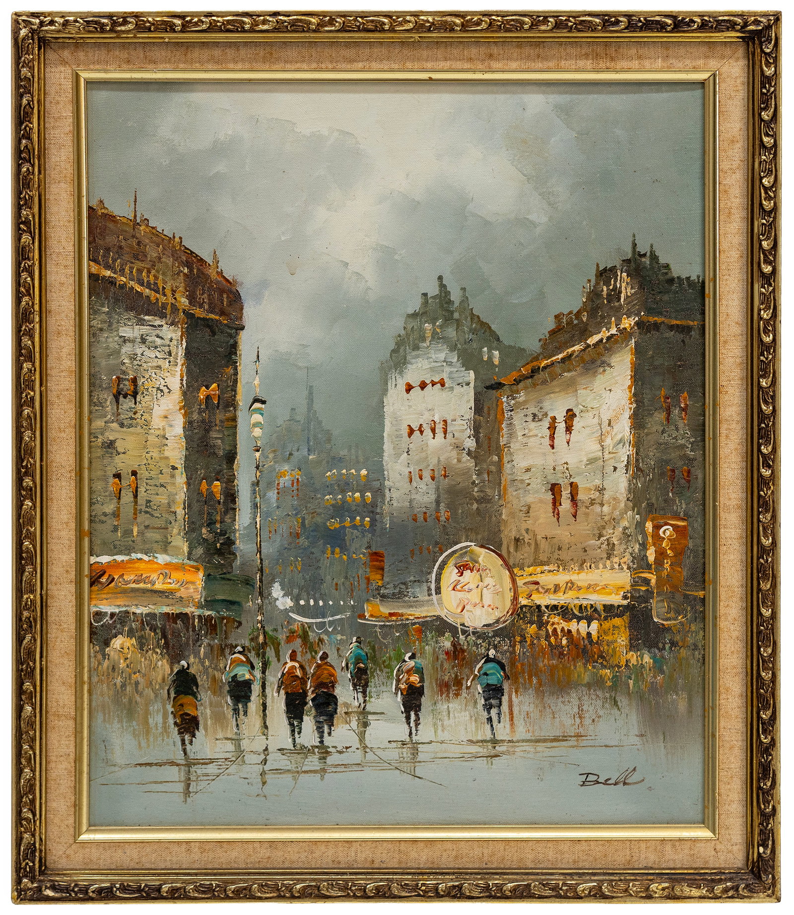 Sign Bell, European City Street Scene, Oil on Canvas Painting: Artist, Year, Title: Sign Bell, European City Street Scene Origin: European School Medium: Oil on Canvas Dimensions: 23" x 19" with frame. Addition