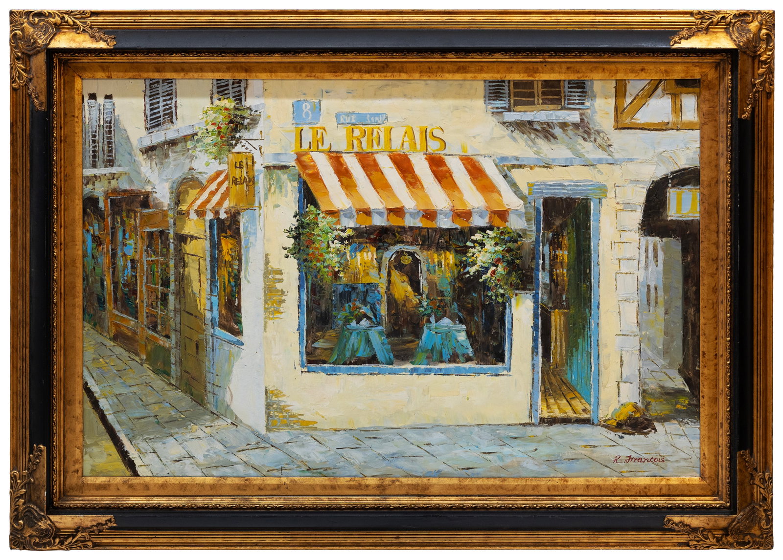 R. Francois "Le Relais Storefront Repro", Oil on Canvas Painting: Artist, Year, Title: R. Francois, "Le Relais Storefront Repro" Medium: Oil on canvas Dimensions: 32" x 44" with frame Additional Information: Signed "R. Francois