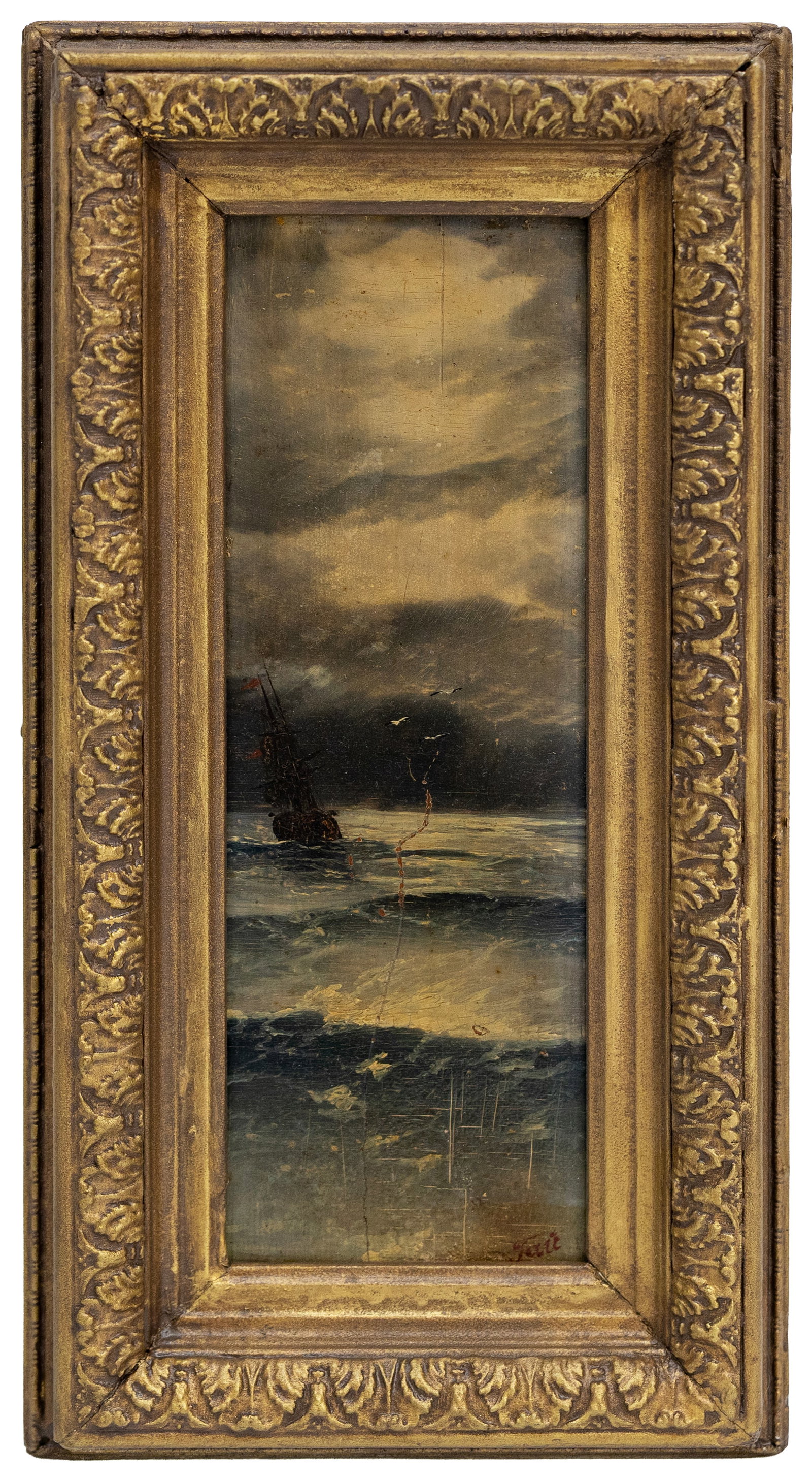 Sign "Gai" (Ivan Aivazovsky), Moonlit Marine Scene with Sailing Vessel: Artist, Year, Title: Sign "Gai". Abbreviated Ivan Aivazovsky (Russian, 1817-1900), Moonlit Marine Scene with Sailing Vessel Medium: Oil on Wood Panel Dimensions: 8.5" x 16.5" with fram