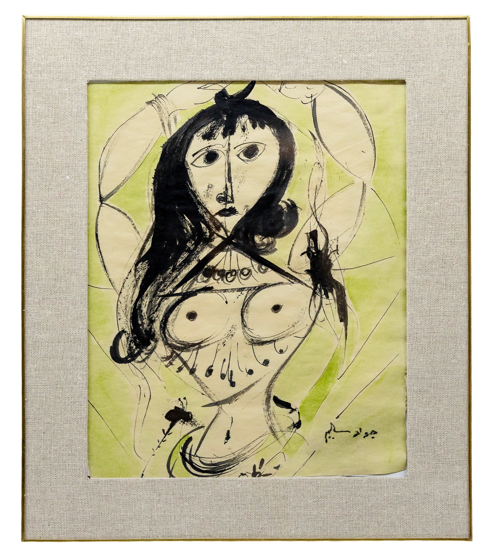 Jewad Selim (Iraqi) Female Figure, Ink and wash on paper: Artist, Year, Title: Attributed to Jewad Selim (Iraqi, 1919-1961) Female Figure Origin: Iraqi Medium: Ink and wash on paper Dimensions: 11 x 9 inches