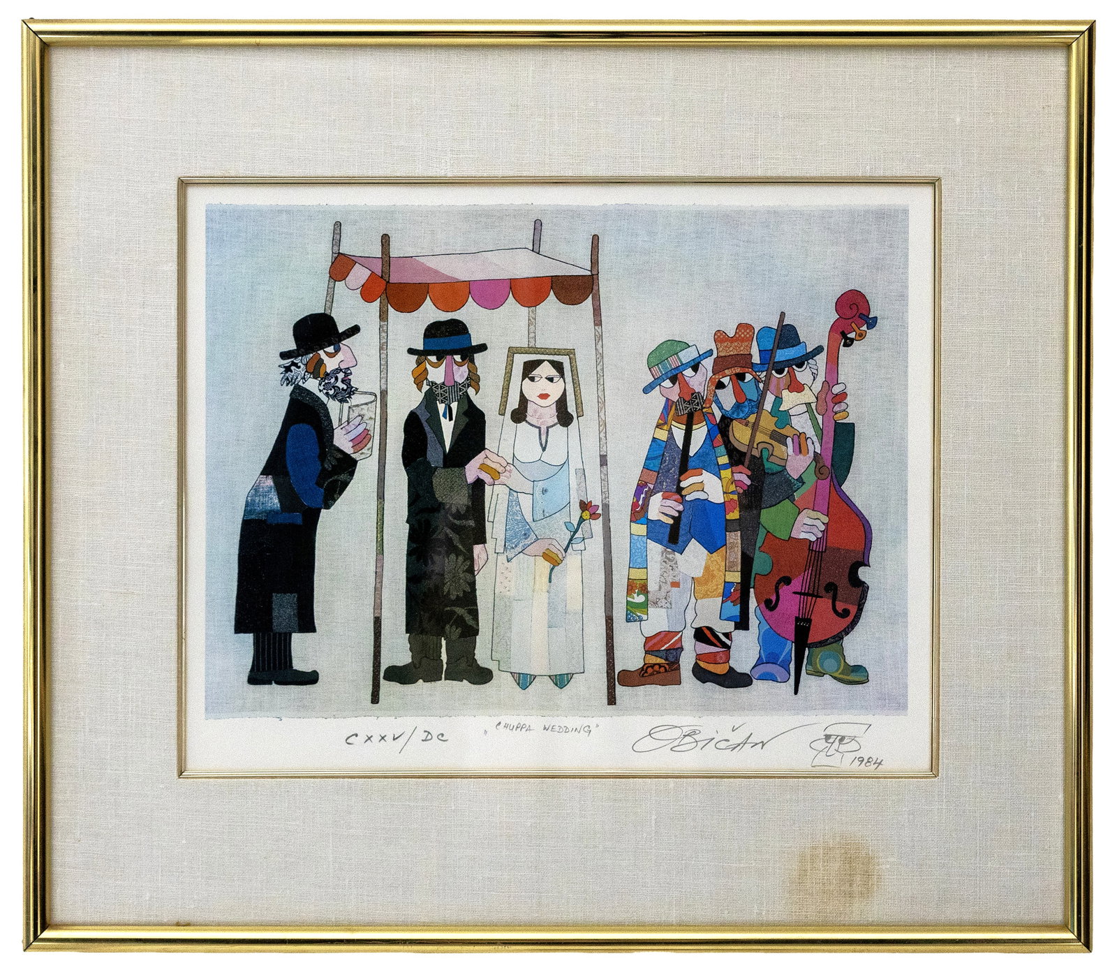 Jovan Obican (Yugoslav-American) Chuppah Wedding 1990, Judaica Ltd. 125/600, Serigraph: Artist, Year, Title: Jovan Obican (Yugoslav-American, 1918-1986), ?Chuppah Wedding” 1990 Medium: Serigraph on paper Dimensions: 25" x 21.5" framed Provenance: