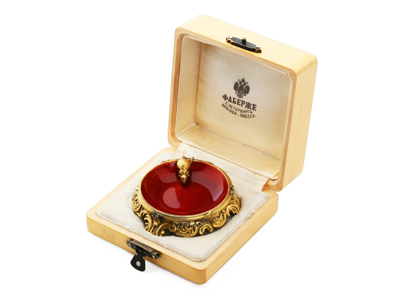 Faberge Era Gilt Silver Guilloche Enamel Mouse Motif Dish: Title: Faberge Era Gilt Silver Guilloche Enamel Mouse Motif Dish Period: 20th Century Material: Gilt silver, guilloche enamel, accent stones Dimensions: 2.5" L x