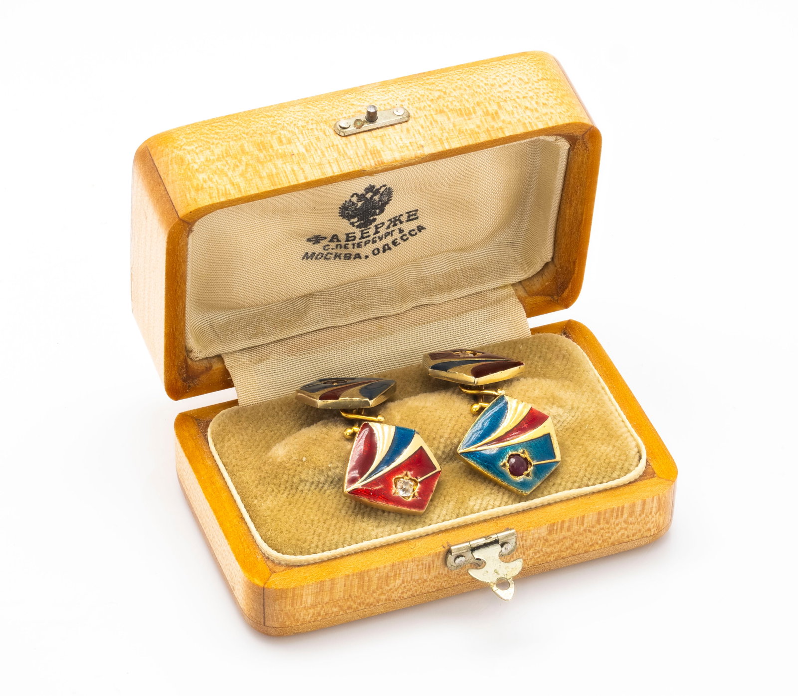 Russian Cufflinks Art Nouveau Style 14K Gold Enamel Diamond & Ruby: Title: Russian Art Nouveau Style 14K Gold Enamel Diamond & Ruby Cufflinks Material: 14K Yellow Gold, Ruby, Enamel, tw 0.14ct Diamonds Marks: 56 zolotnik Measurements: