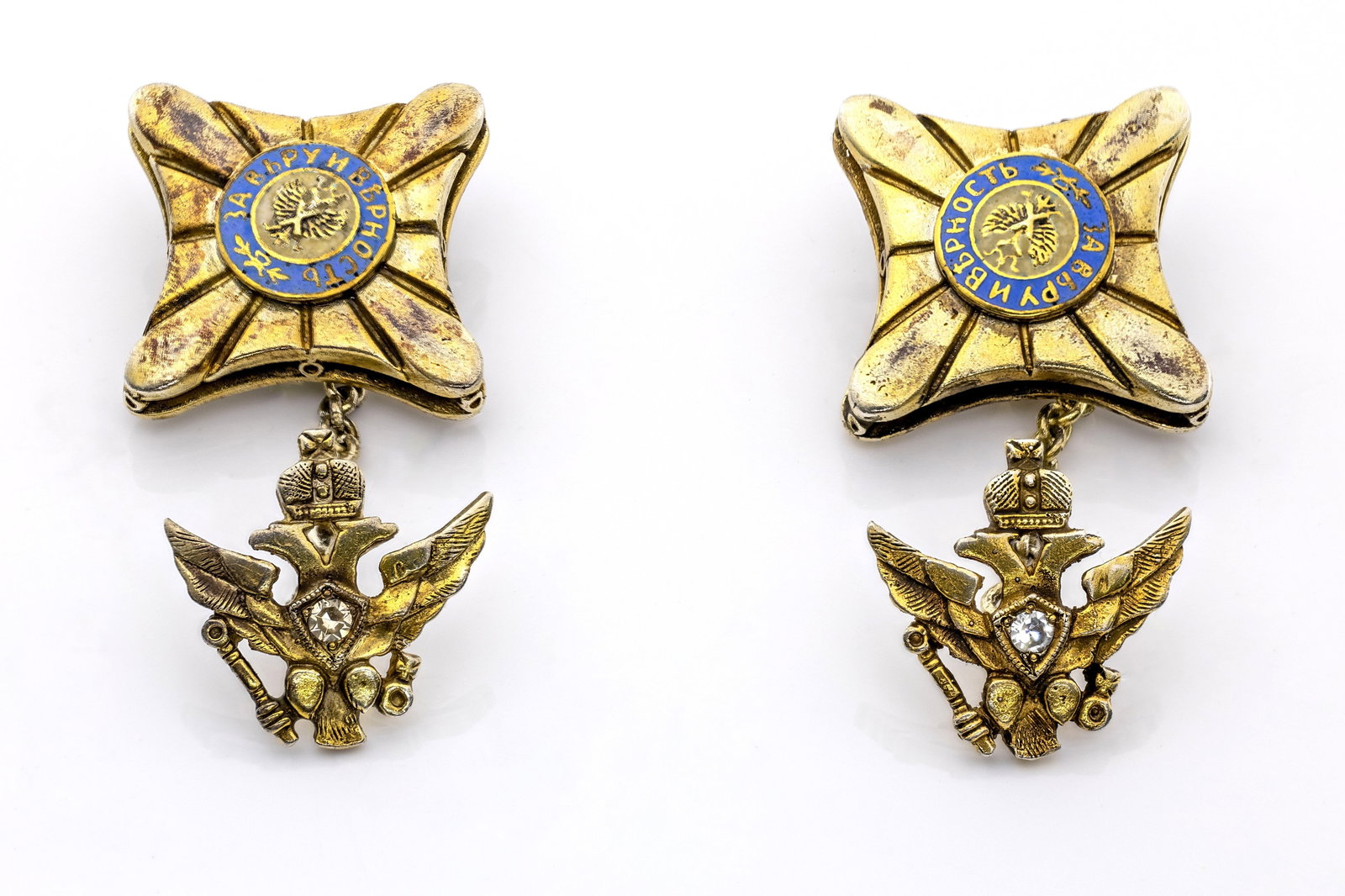 Russian Antique Silver & Enamel Cufflinks "For Faith and Loyalty" Faberge Era: Title: Russian Antique Silver & Enamel Cufflinks "For Faith and Loyalty” Faberge Era Material: Silver, enamel Gemstones: 2 old-cut diamonds, approx. 0.05 ct each Me