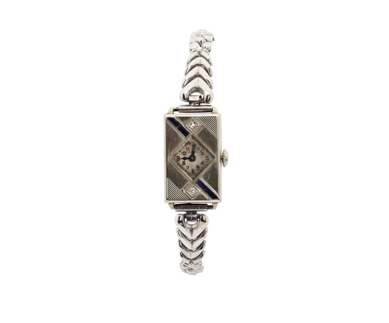 Antique Elgin Art Deco 14K White Gold Diamond & Sapphire Ladies Wristwatch: Brand: Elgin Art Deco Ladies Wristwatch with Speidel Bracelet, circa 1930s Origin: USA Type: Mechanical Ladies Wristwatch Dimensions (in): 6 1/4" bracelet length