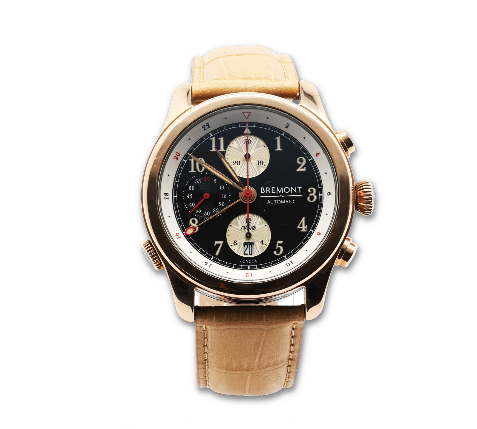 18K Rose Gold Bremont. Ltd. 12/82 Automatic Calendar Chronograph Watch Dual Time Zone: Brand: Bremont DH-88 "Comet" Limited Edition: No. 12/82 Movement: Cal. 7754, 25 jewels. Automatic calendar chronograph with dual time zone (GMT) Red propeller-form rotor No