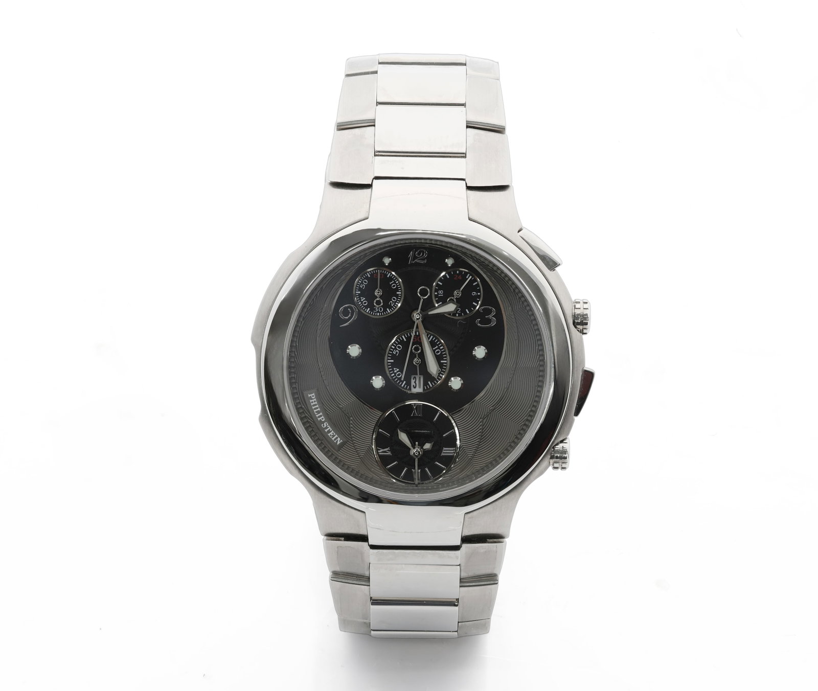 Philip Stein Signature Chronograph 45mm Stainless Steel Wristwatch: Brand: Philip Stein Model: Signature Chronograph Case Size: 45 mm Material: Stainless Steel Bracelet: Stainless Steel, 8" wrist size