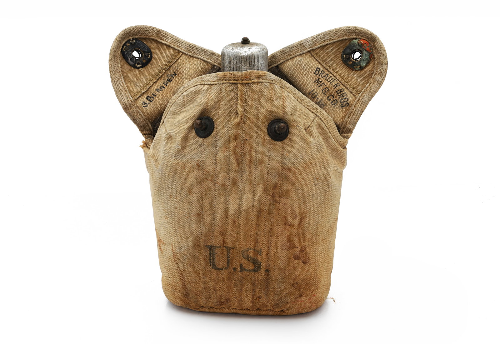 WWII U.S. Military Aluminum Brauer Bros MFG.CO3 1918 Canteen with Canvas Cover: Title: WWII U.S. Military Aluminum Canteen with Canvas Cover Origin: United States Year: Mid-20th Century Size: Approx. 8 x 5 in. Marked: