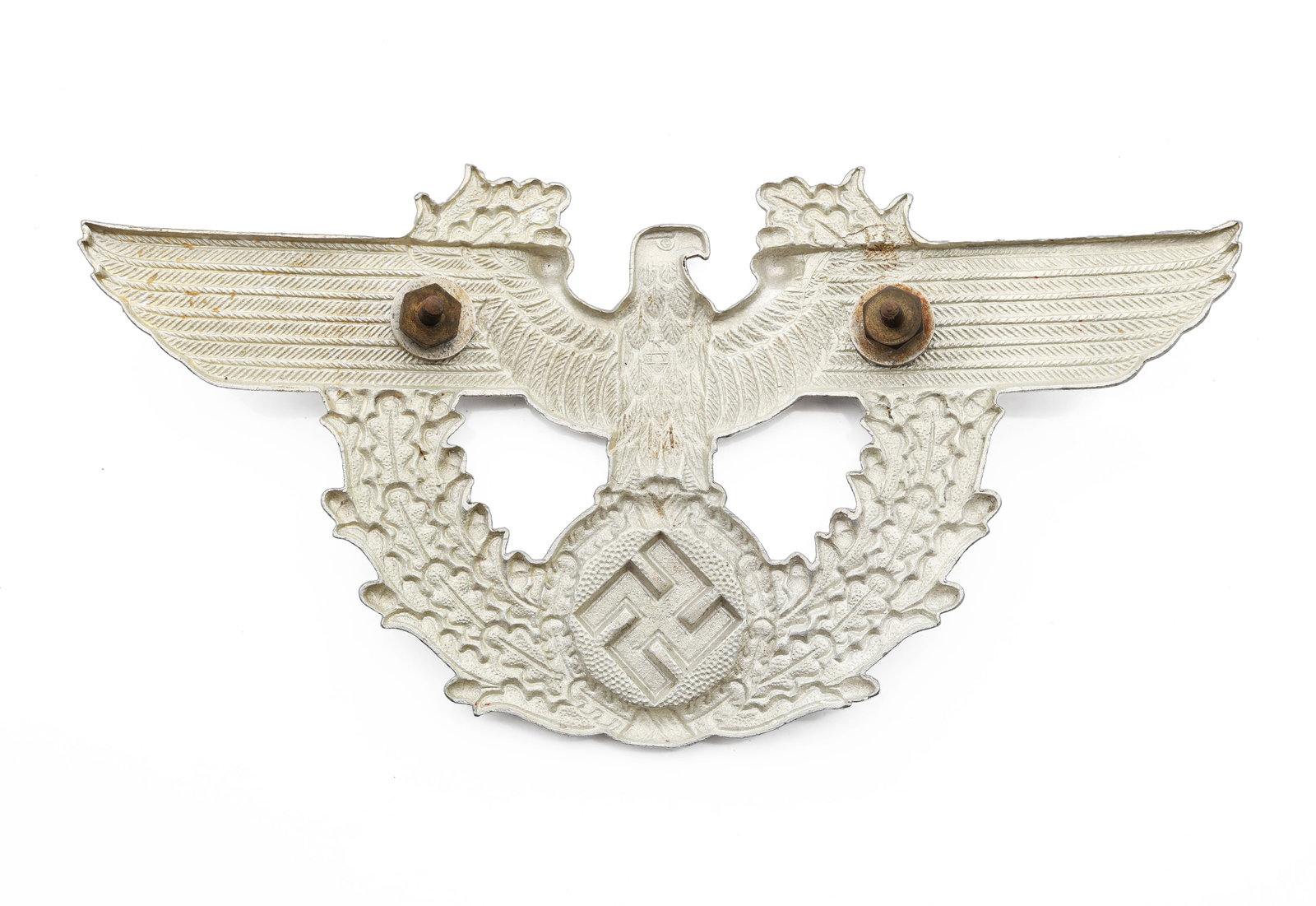 German WWII Police Shako Eagle Badge: Title: German WWII Police Shako Eagle Badge Origin: Germany Year: WWII Era Size: 6 X3.5 in. Marked: No visible maker markings observed.