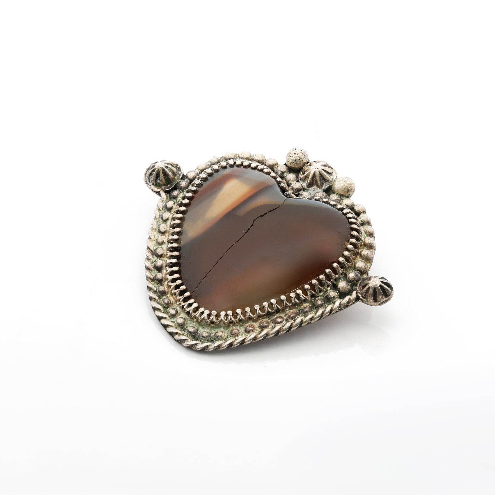 Navajo Native American Sterling Silver & Montana Agate Heart Pendant: Title: Navajo Sterling Silver & Montana Agate Heart Pendant Material: Sterling Silver, Banded Agate Dimensions: 50.10 mm x 42.23 mm Weight: 19.63 grams