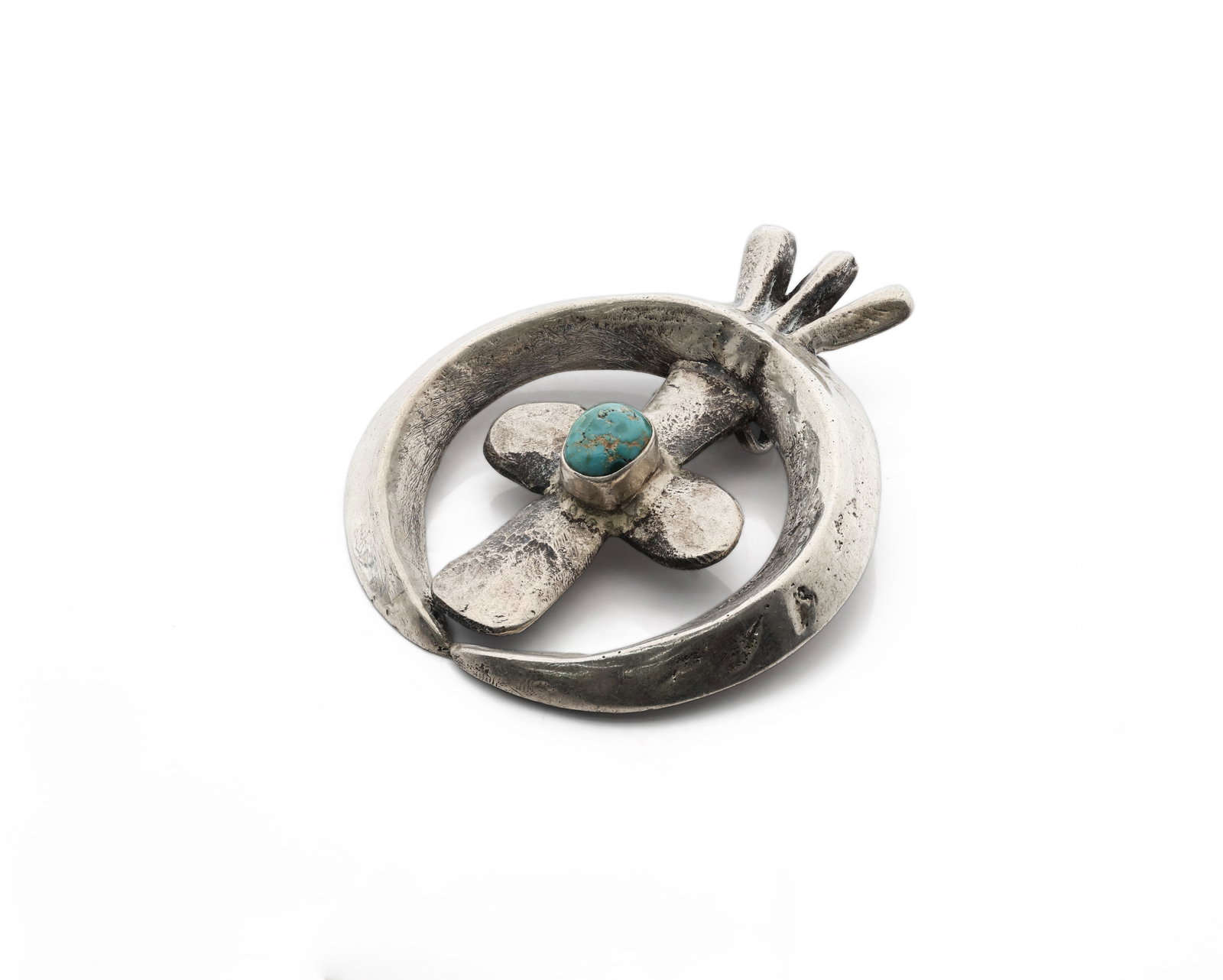 Navajo Native American Sterling Silver Cross Pendant with Turquoise in Circular Frame: Title: Navajo Sterling Silver Cross Pendant with Turquoise in Circular Frame Material: Sterling Silver, Natural Turquoise Dimensions: Height 66.55 mm; Diameter 57.31 mm W