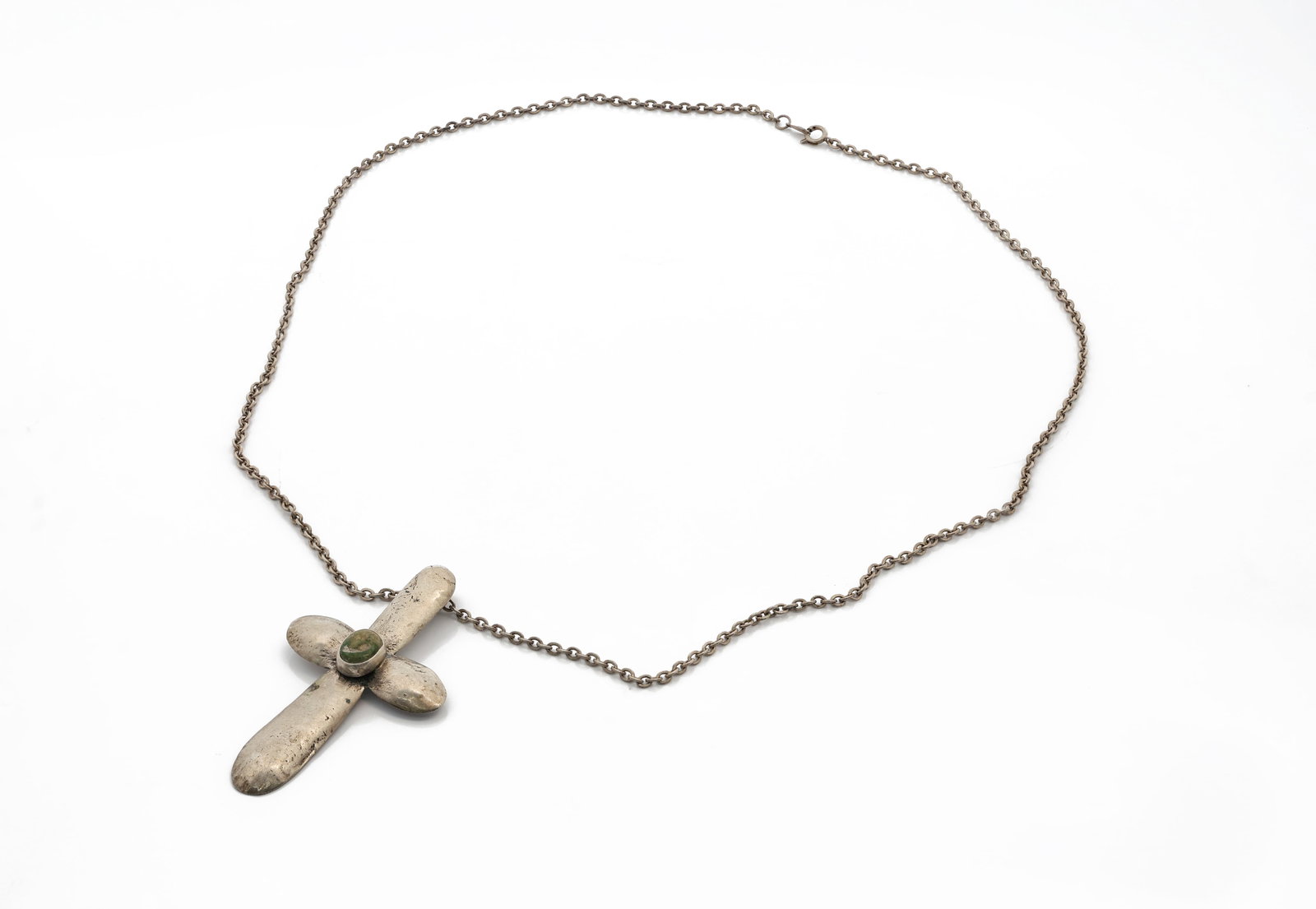 Sterling Silver Cross Pendant with Turquoise Necklace: Title: Sterling Silver Cross Pendant Necklace Material: 965 Silver (stamped), Turquoise Cabochon Dimensions: Pendant 73.23 mm x 41.22 mm; Chain length 25 inches Weight:</