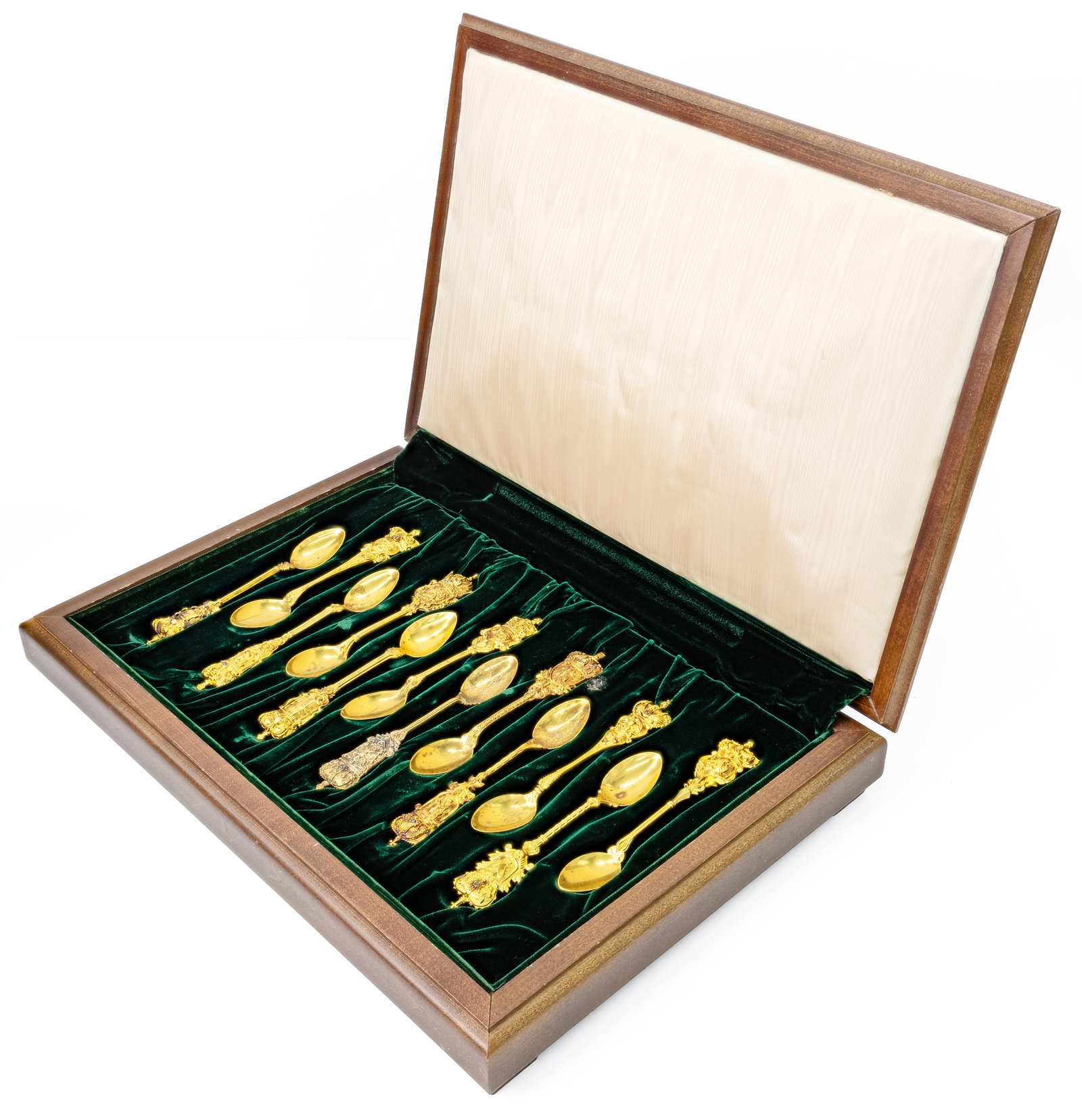 Franklin Mint The House of Igor Carl Faberge Jeweled Crowns Silver Gilt Spoon Set: Title: Franklin Mint the House of Igor Carl Faberge Title: Jeweled Crowns Silver Gilt Spoon Set Material: Silver (marked 925) with 24K gold vermeil finish Composition: