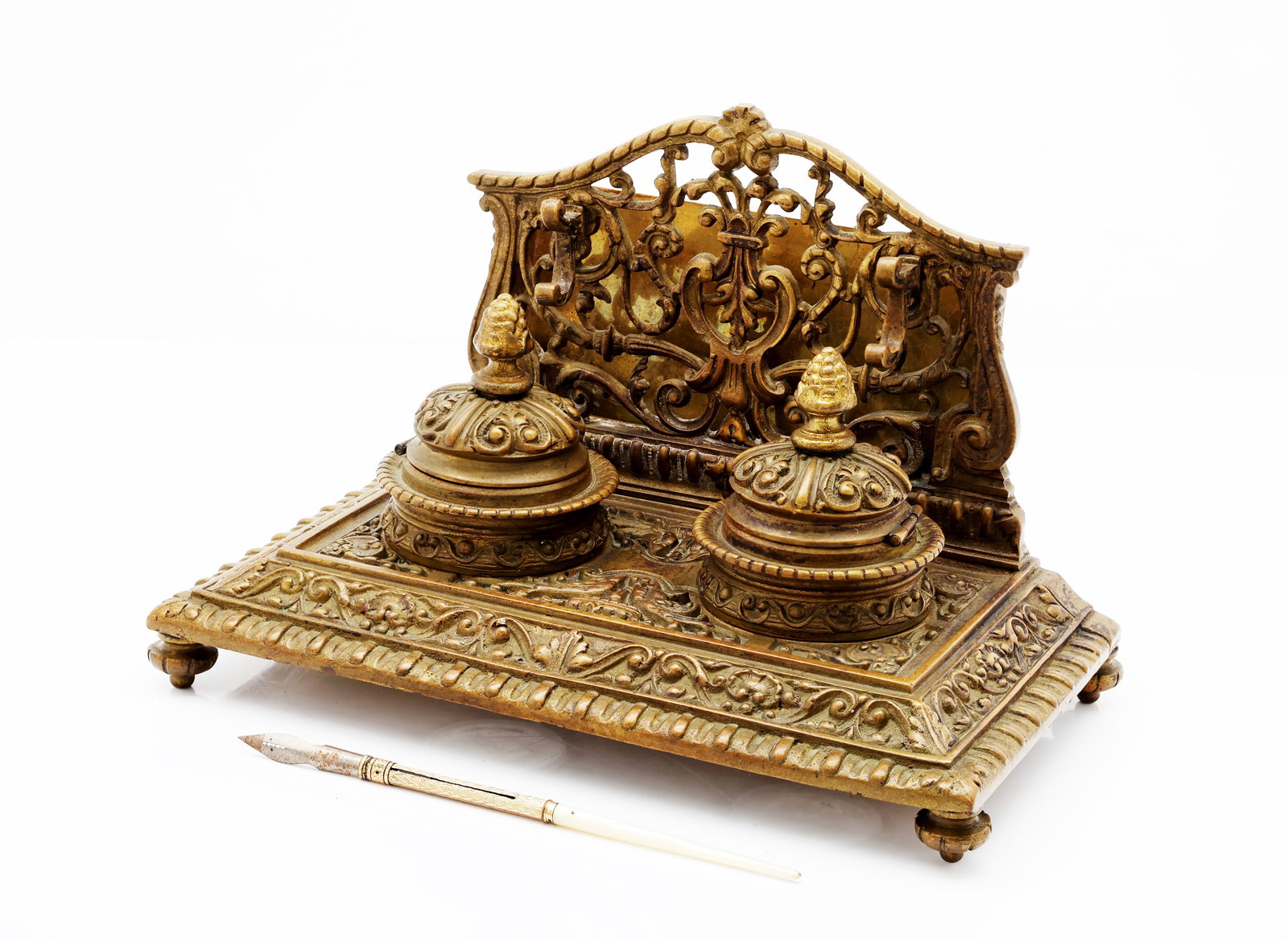 Antique French Cast Brass Double Inkwell with Letter Holder (1 of 8)
