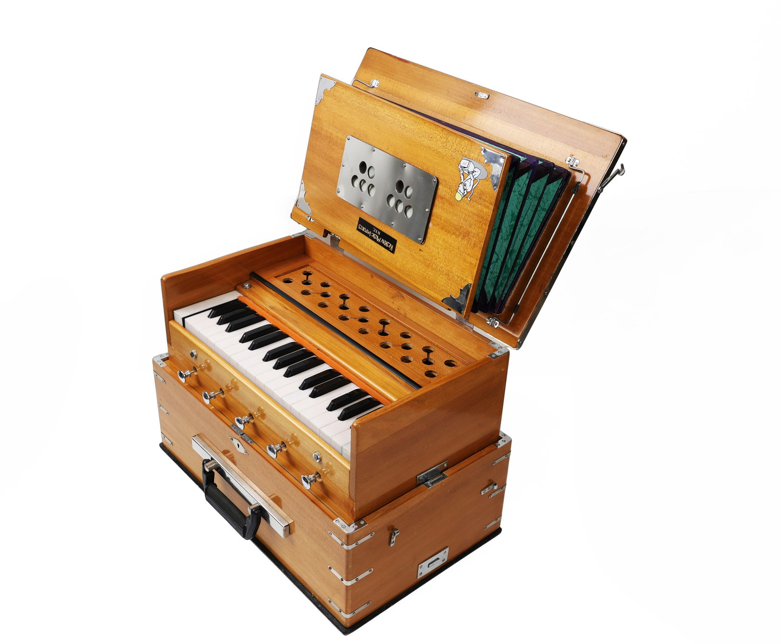 Vintage Keshav Music Imports Harmonium with Folding Bellows: Title: Vintage Bhava Harmonium by Keshav Music Imports Origin: India / Imported for U.S. Market Year: Mid to Late 20th Century Dimensions (in): 18.5 x 11 x 8