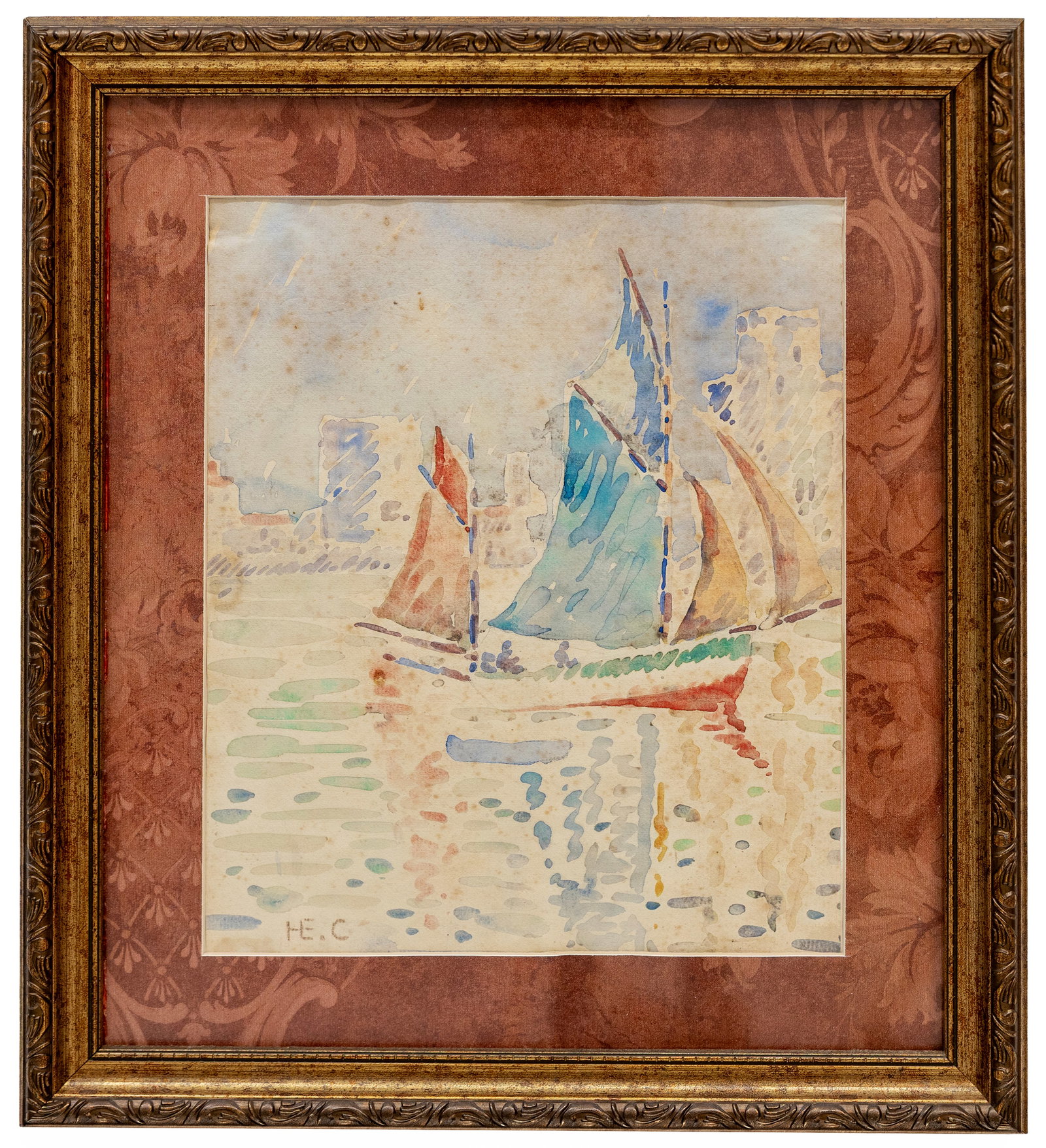 Attr to Henri-Edmond Cross, Watercolor on Paper: Artist, Year, Title: Attr to Henri-Edmond Cross (French,1856–1910) Landscape Scene, Late 19th -early 20th century Medium: Watercolor on paper Dimensions: 14x16" with frame, 9x11" witho