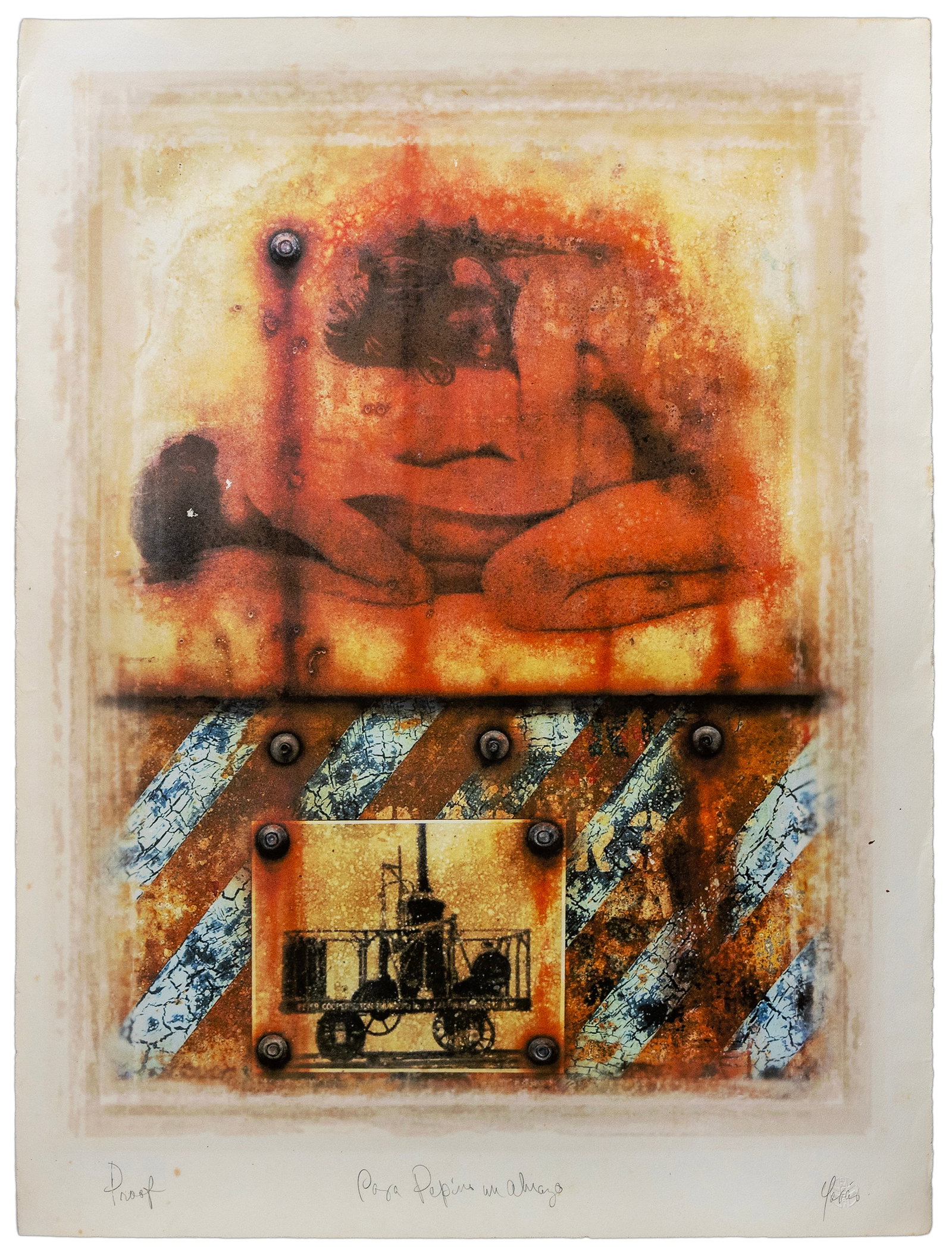 Fernando Enfori Garcia (Cuban, b. 1955), Maquinaria y Desnudo (Machinery and Nude): Artist, Title, Year: Fernando Enfori García, Maquinaria y Desnudo, ca. late 20th century Origin: United States Medium: Mixed media print / graphic construction with watercolor detailin