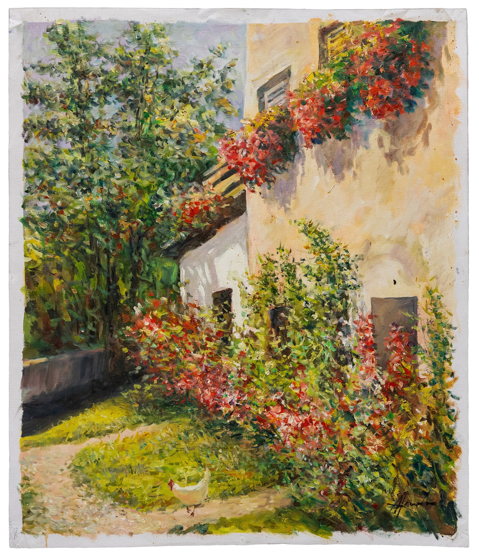Alexander Heucher (Ukrainian/German, b. 1948), Floral Courtyard Scene: Artist, Year, Title: Alexander Heucher (Ukrainian/German, b. 1948), Floral Courtyard Scene Origin: Ukraine / Germany Medium: Oil on canvas Dimensions: 21 x 25 in