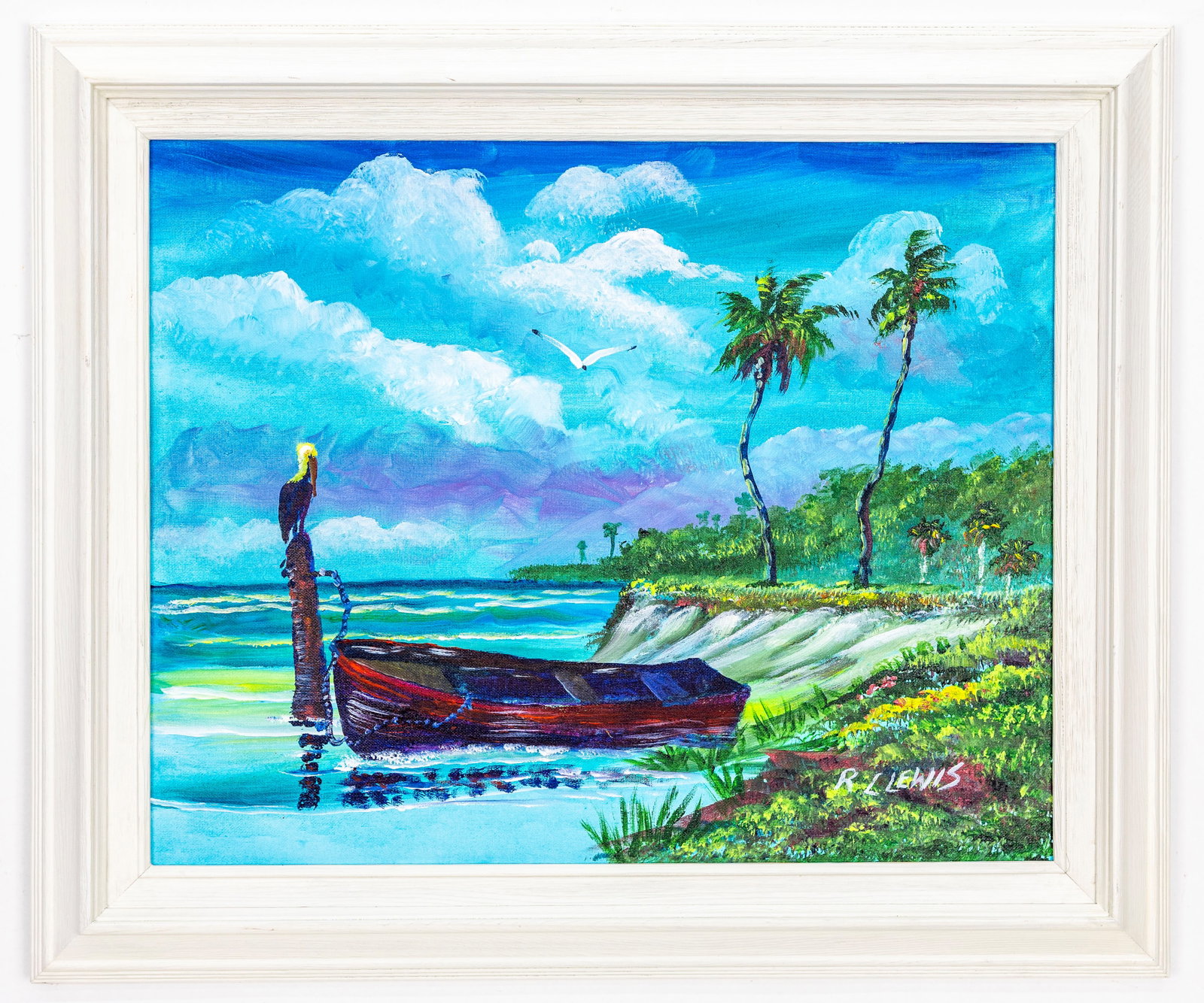 Robert L. Lewis Highwaymen, Boat on the Ocean, Oil on Canvas Painting: Artist, Year, Title: Robert (R.L.) Lewis (Born 1941) Highwayman Artist, Boat on the Ocean Origin: United States, Florida Medium: Oil on Board Dimensions: 16 x 20