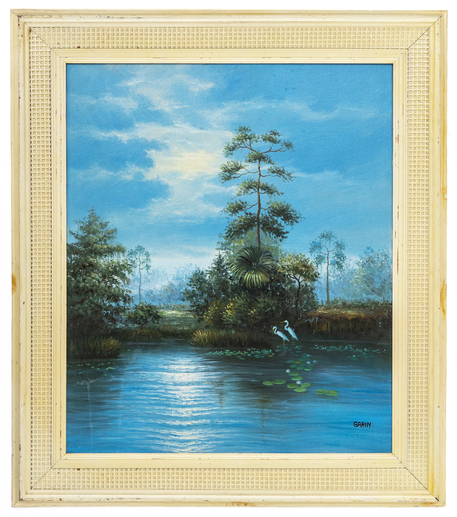 Sign Garin, Florida Highwaymen Style, Oil on Canvas Painting: Artist, Year, Title: Garin (American), Florida Highwaymen Style, Florida Pond with Egrets Origin: Florida, USA Medium: Oil on canvas Dimensions: 27" x 31" with f