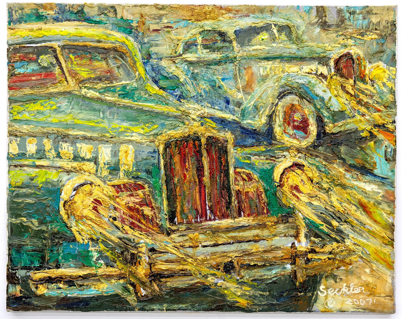 Chris Seckler 2007, Oil on Canvas Painting: Artist, Year, Title: Chris Seckler, 2007, Vintage Two Car on the road Origin: United States Medium: Heavy Palette Oil on Canvas Dimensions: Without frame: 16" x