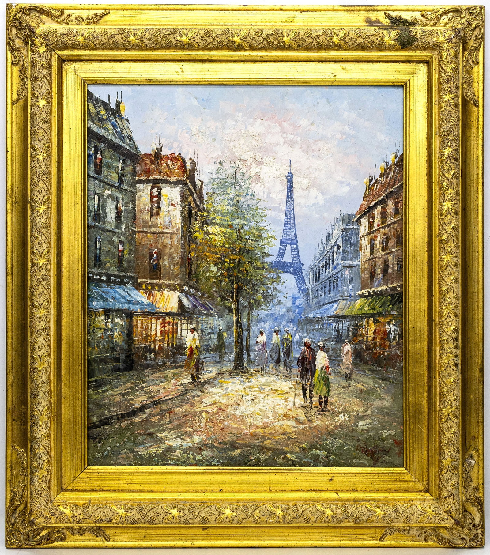 Danny, Paris Street Scene with the Eiffel Tower, Oil on Canvas Painting: Artist, Year, Title: Danny, Paris Street Scene with the Eiffel Tower, Mid–Late 20th Century (circa 1960s–1990s) Origin: France Medium: Oil on canvas, impasto technique