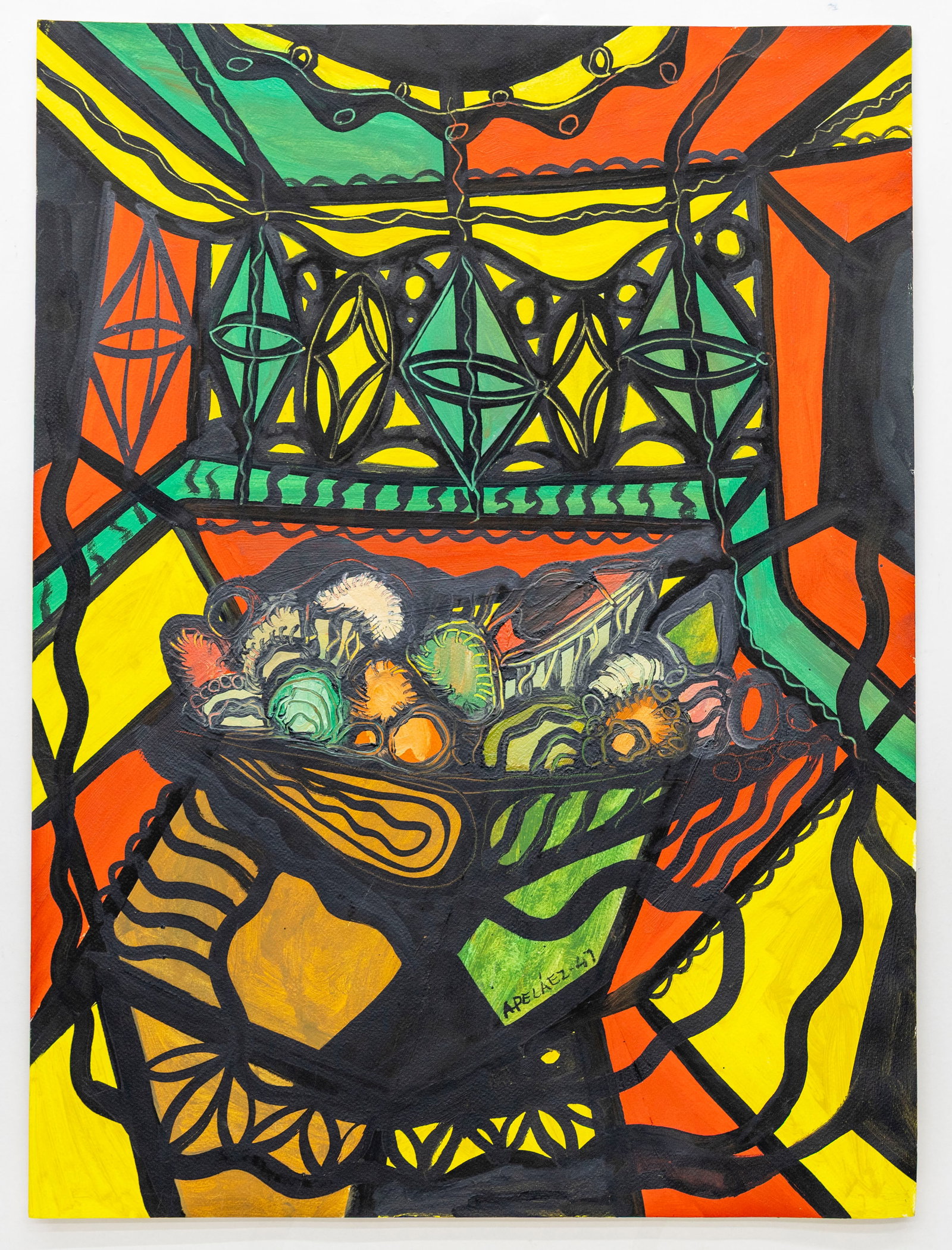 Luis Apelaez (Cuban, 1910-1989) Still Life with Fruit & Geometric Motif, Gouache & ink on paper (1 of 4)