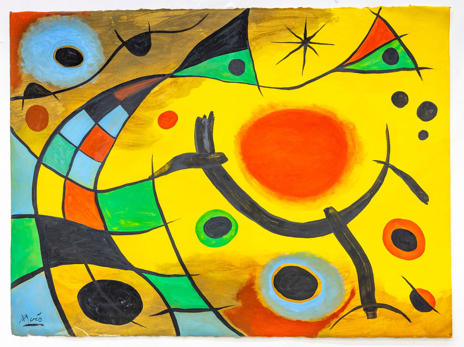 Joan Miro (Spanish, 1893-1983) Sun & Stars Over Abstract Landscape, Gouache on paper: Artist, Title: Joan Miro (Spanish, 1893?1983), Sun and Stars Over Abstract Landscape Medium: Gouache and ink on paper Signature: Signed lower left: ?Miro” Dimension