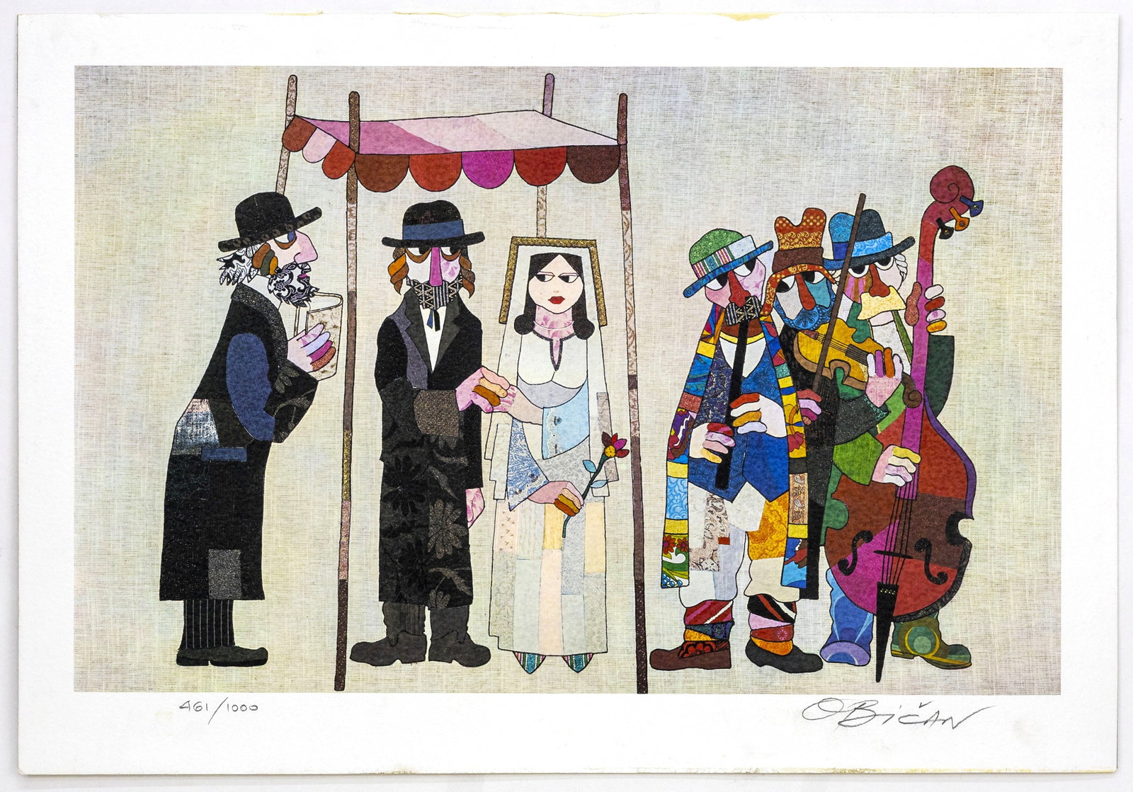 Jovan Obican (Yugoslav-American, 1918-1986), Chuppah 1990, Judaica Ltd. 461/1000, Serigraph on: Artist, Year, Title: Jovan Obican (Yugoslav-American, 1918?1986), Chuppah (Jewish Wedding Ceremony), 1990?s Origin: United States / Yugoslavia Medium: Color Serigraph on Paper (mounted on cardboard)