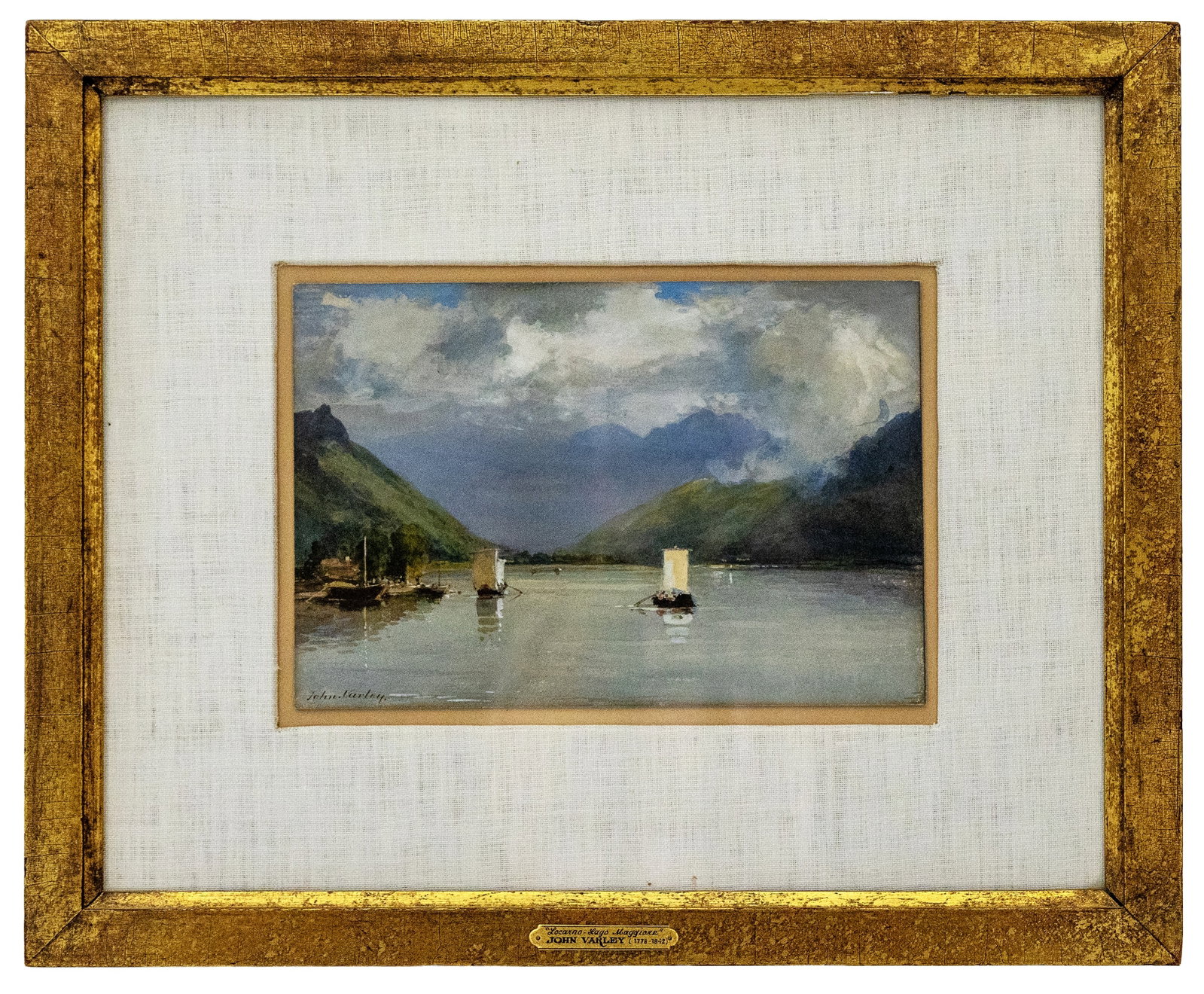John Varley (British, 1778-1842) Locarno - Lago Maggiore, Watercolor on Paper: Artist, Year, Title: John Varley (British, 1778-1842), Locarno-Lago Maggiore; Medium: Watercolor on paper Dimensions: Sight 11" x 7.5", Framed 20" x 16.5" Provenance: