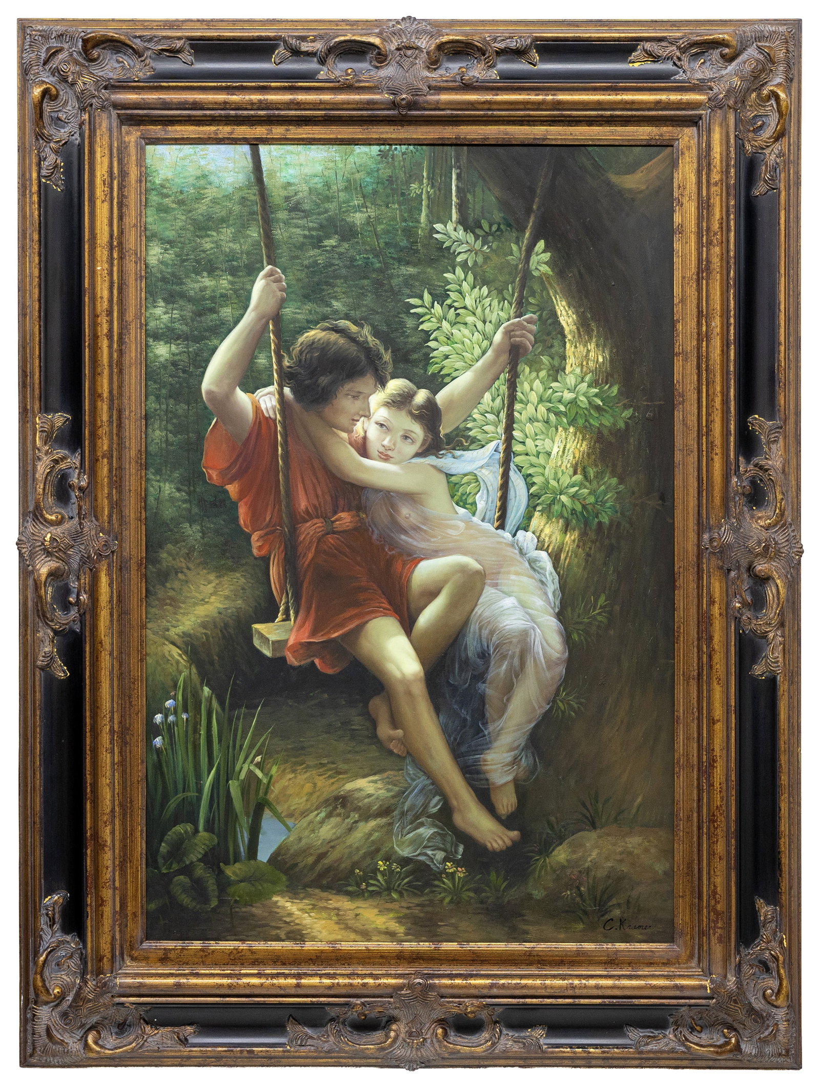 C. Kramer, After "Le Printemp" After Pierre-Auguste Cot, Printed Canvas with Oil overpainting: Artist, Year, Title: C. Kramer, After “Le Printemps” (Springtime) Medium: Printed canvas with oil overpainting Dimensions: 34.5" x 47" with frame Provenance:<