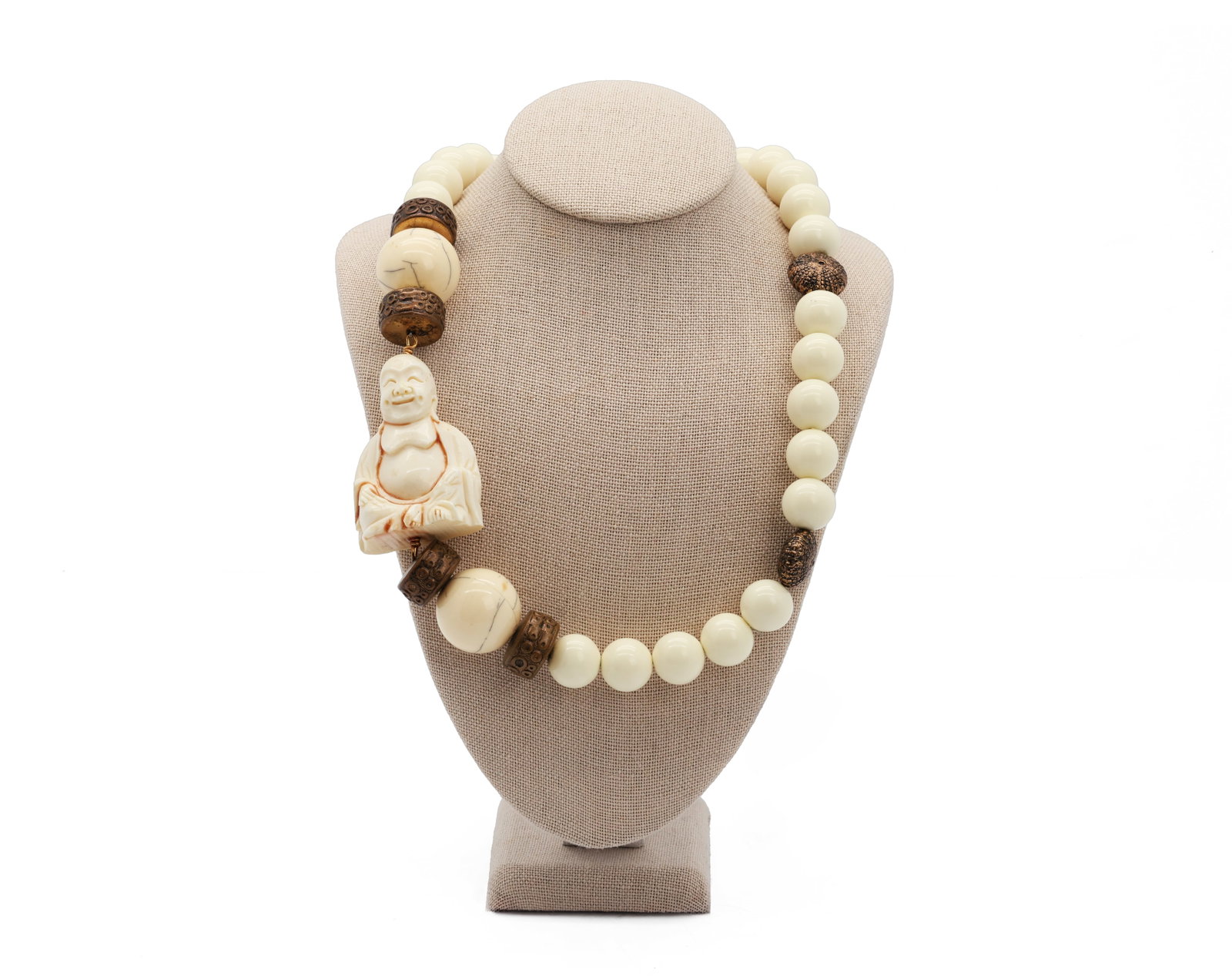 Vintage Fine Carved Wood Bead Necklace with Laughing Buddha Pendant (1 of 5)