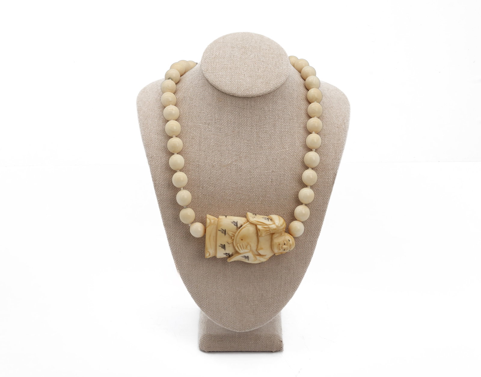 Vintage Fine Carved Bead Necklace with Laughing Buddha Pendant (1 of 4)