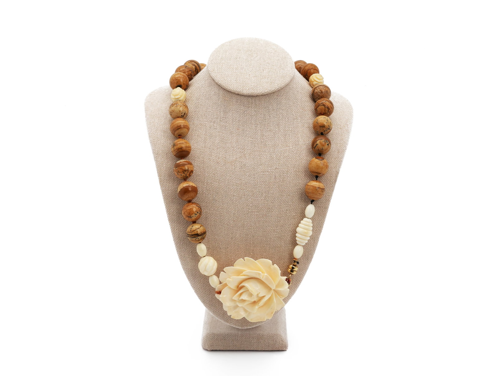 Vintage Picture Jasper and Carved Bone Flower Pendant Necklace (1 of 6)