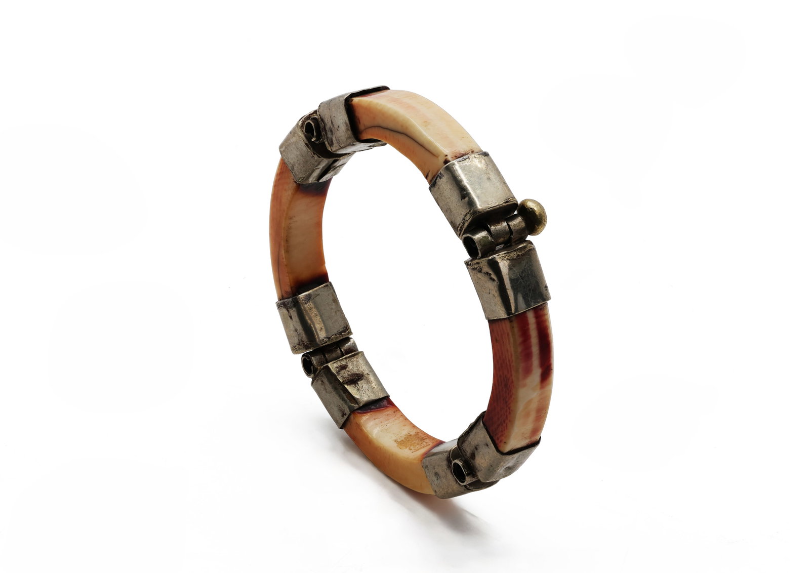 Vintage Carved Bone and White Metal Hinged Bangle Bracelet (1 of 5)