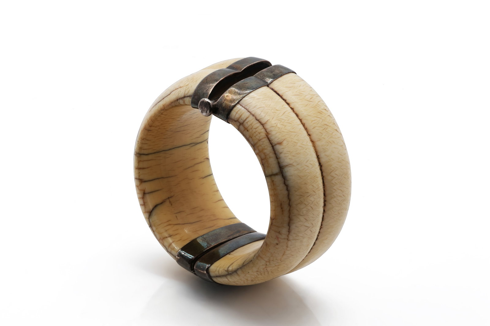 Vintage Carved Bone Hinged Bangle Bracelet with Dark Metal Fittings (1 of 6)