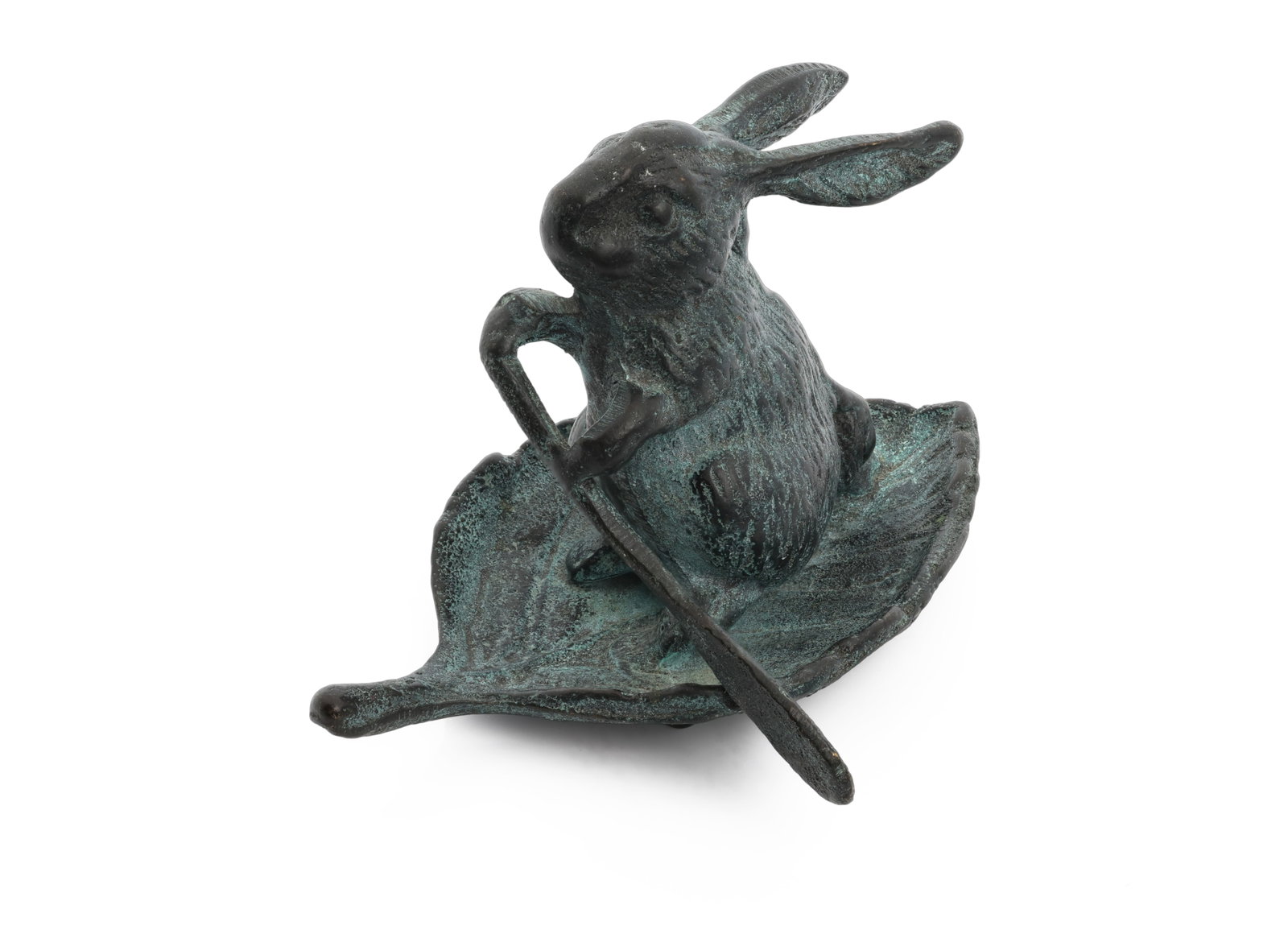 Patinated Bronze Rabbit on Leaf with Paddle Sculpture (1 of 7)