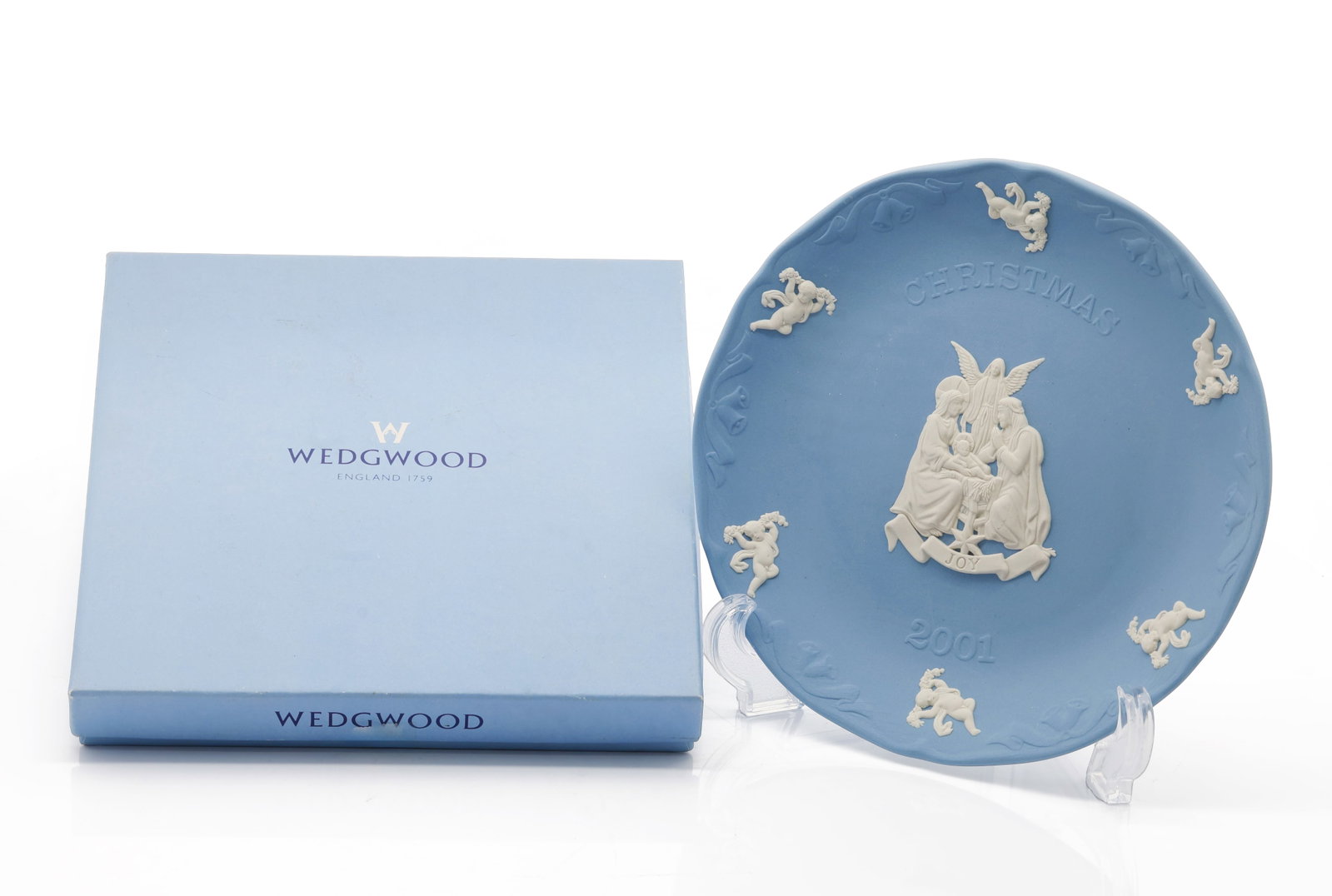Wedgwood Blue Jasperware Christmas Plate "Joy" 2001 (1 of 6)