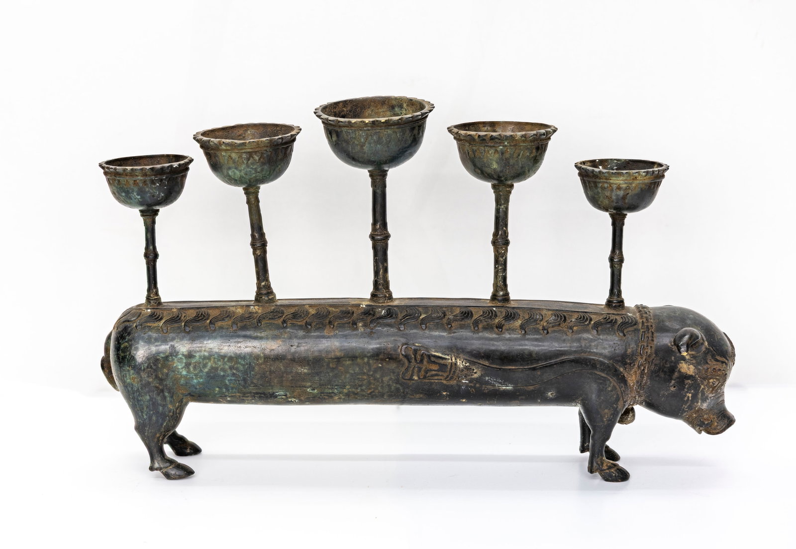 Antique Middle Eastern Bronze Pig Form Five-Light Oil Lamp (1 of 5)