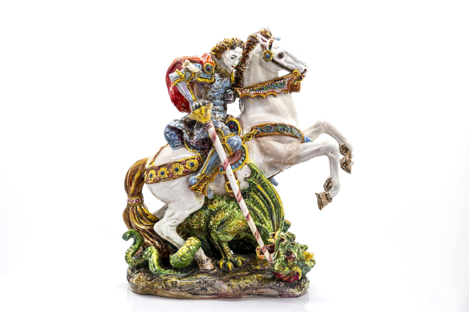 Pattarino Marioni, Saint George Slaying the Dragon, Hand-painted glazed Sculpture, 20th century: Title: Pattarino Marioni, Saint George Slaying the Dragon, 20th century Origin: Italy Medium: Hand-painted glazed terracotta sculpture Dimensions: 16" H x 15" L