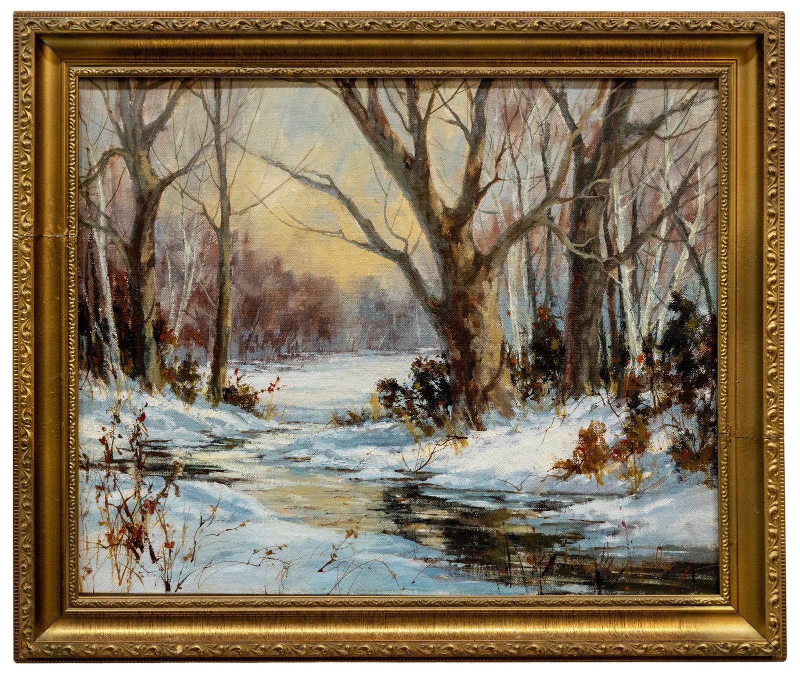 Helen Sharp Potter (American) Winter Woodland Stream, Oil on Canvas: Artist, Year, Title: Helen Sharp Potter (American, Massachusetts, 1926?2018) Winter Woodland Stream, Medium: Oil on Canvas Dimensions: Frame: 23.5 x 19.5 in. Canvas: 20 x 16 in. <